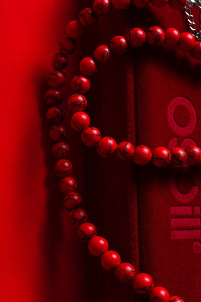 OSCILL Red Turquoise Beads Logo Necklace, premium urban and streetwear designers apparel on PROJECTISR.com, OSCILL