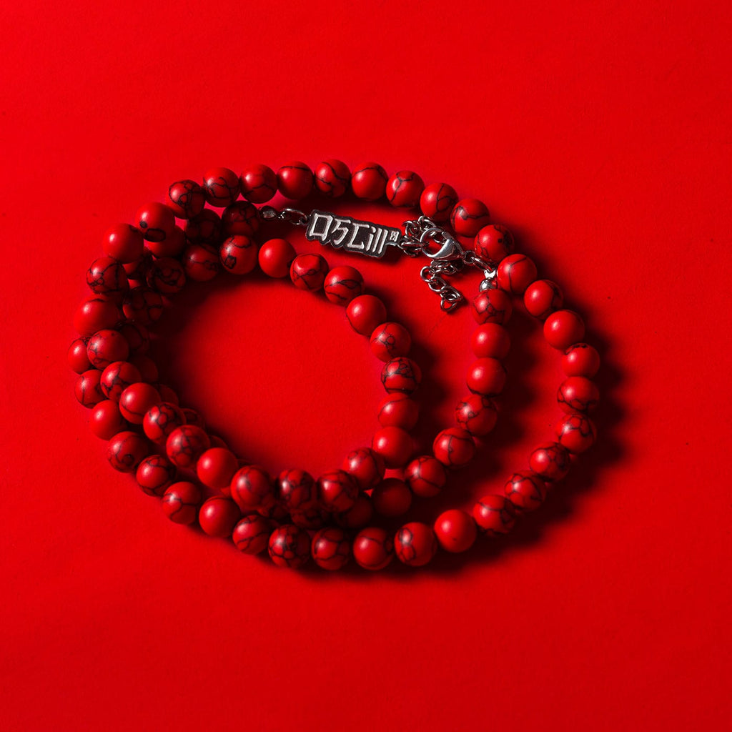 OSCILL Red Turquoise Beads Logo Necklace, premium urban and streetwear designers apparel on PROJECTISR.com, OSCILL
