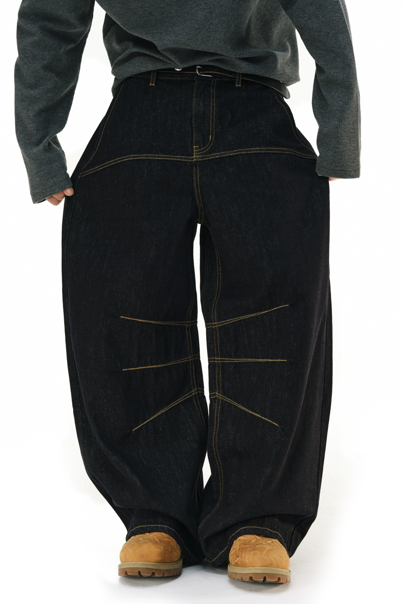 NOVACAM Raw Slub Denim Curved Wide-Leg Jeans