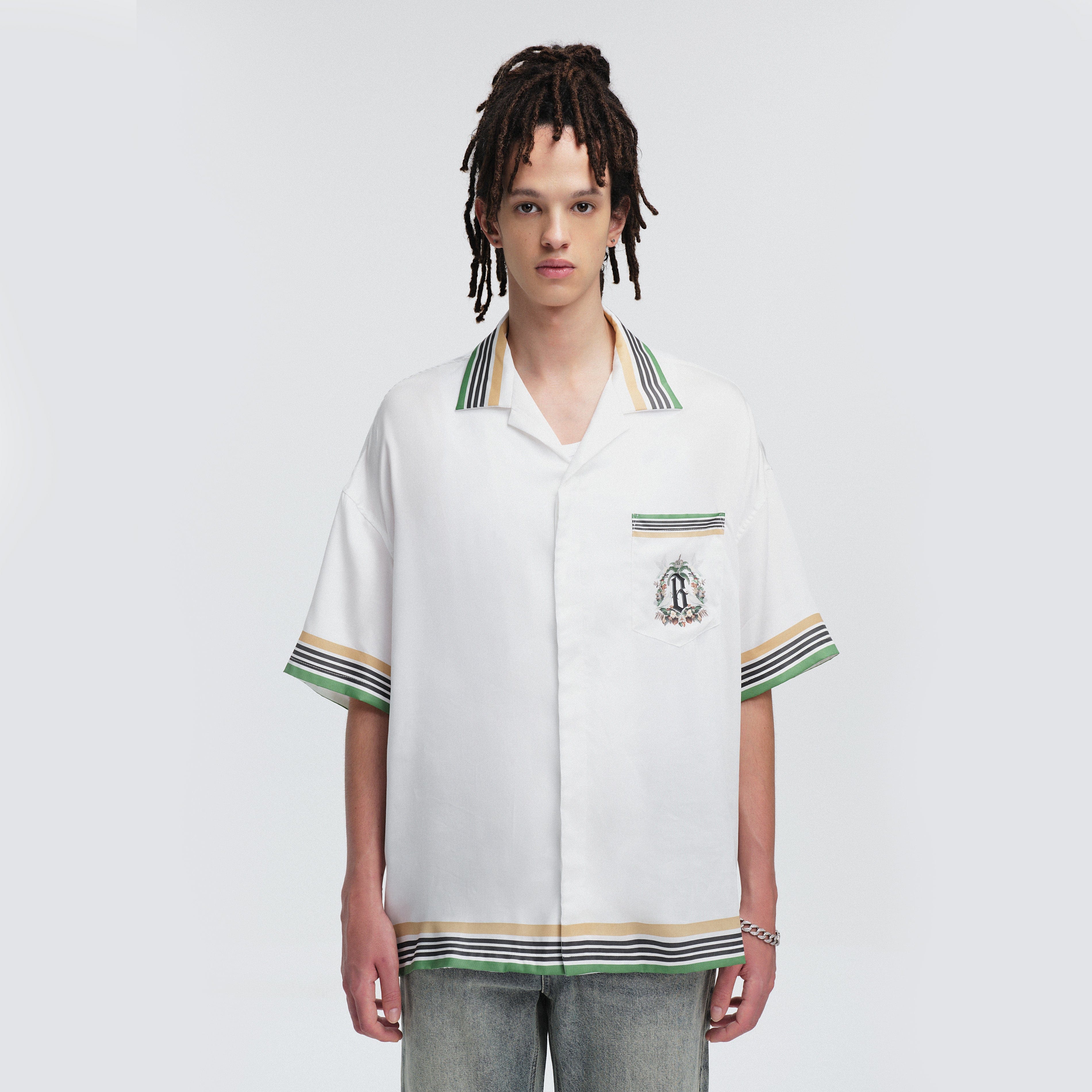 BONELESS Palm Tree & Dove Graphic Striped Collar Tencel Half Shirt, premium urban and streetwear designers apparel on PROJECTISR.com, BONELESS