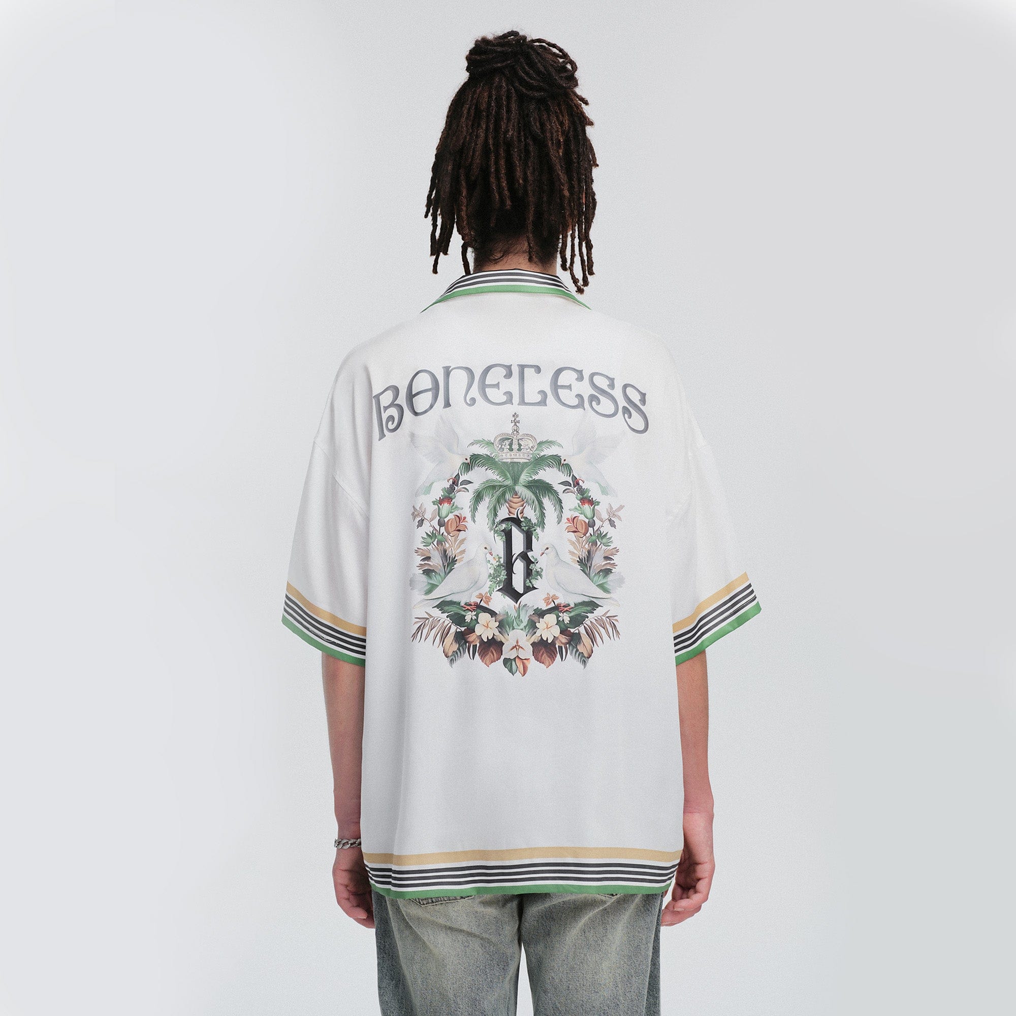 BONELESS Palm Tree & Dove Graphic Striped Collar Tencel Half Shirt, premium urban and streetwear designers apparel on PROJECTISR.com, BONELESS