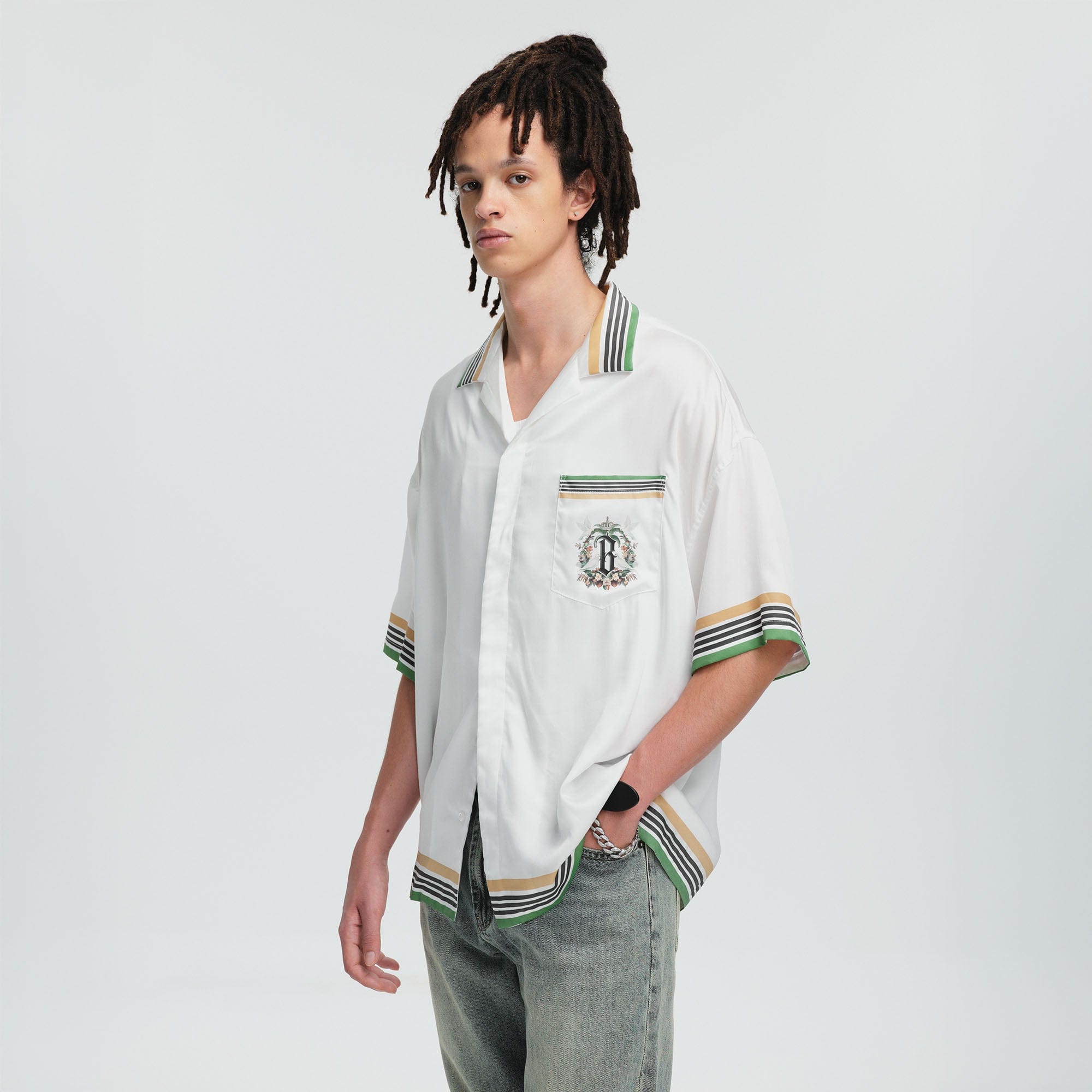 BONELESS Palm Tree & Dove Graphic Striped Collar Tencel Half Shirt, premium urban and streetwear designers apparel on PROJECTISR.com, BONELESS