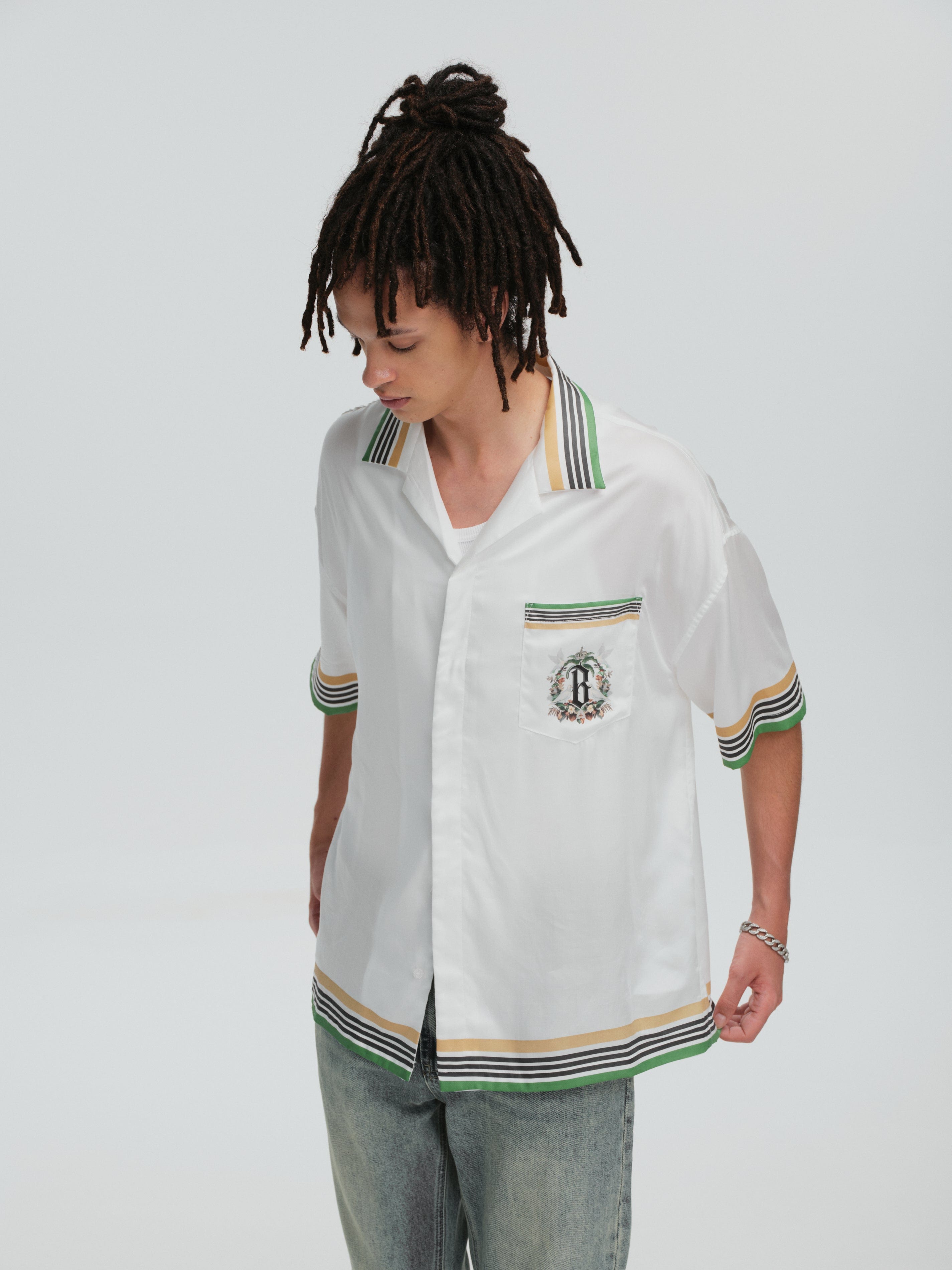 BONELESS Palm Tree & Dove Graphic Striped Collar Tencel Half Shirt, premium urban and streetwear designers apparel on PROJECTISR.com, BONELESS