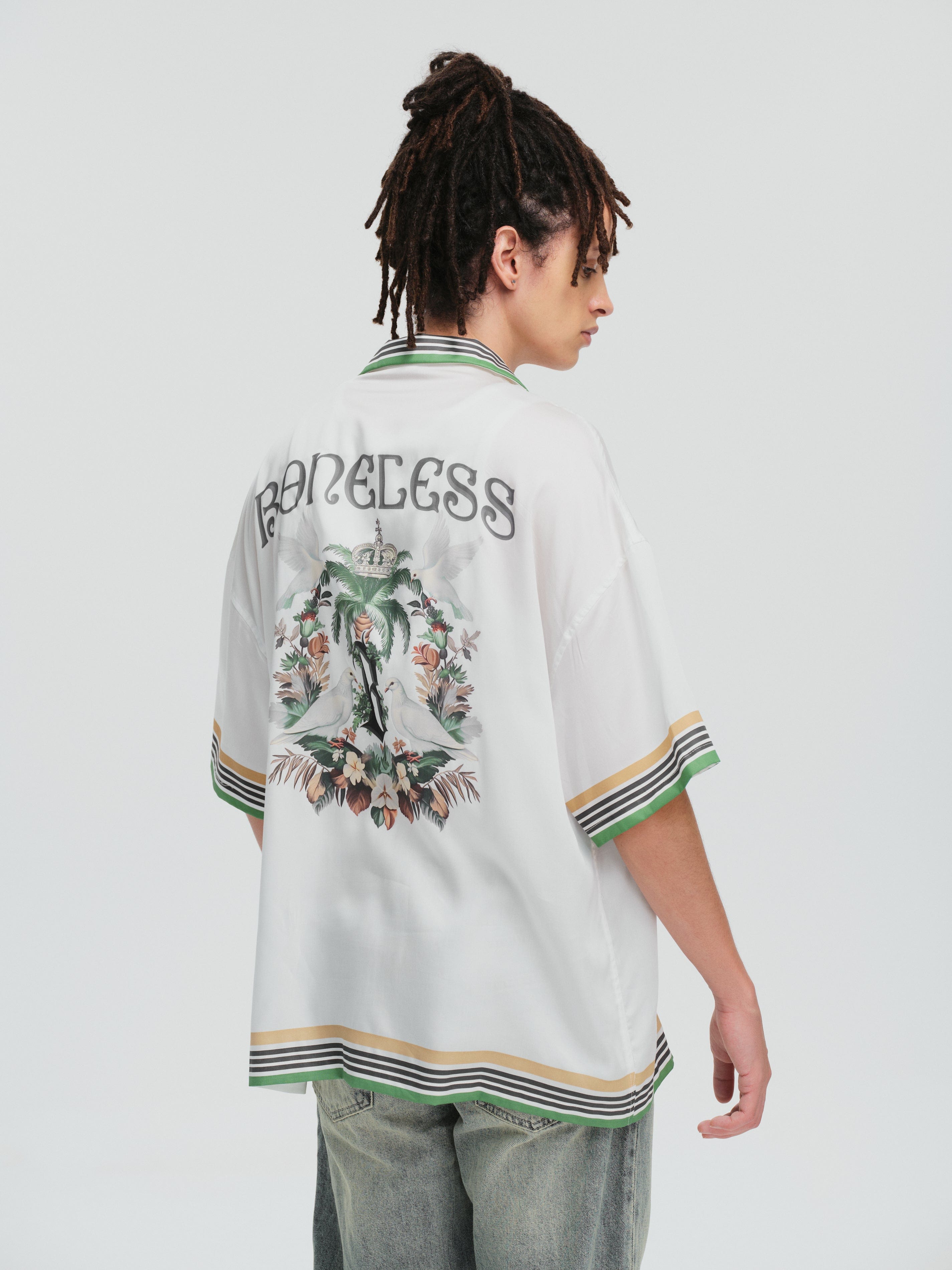 BONELESS Palm Tree & Dove Graphic Striped Collar Tencel Half Shirt, premium urban and streetwear designers apparel on PROJECTISR.com, BONELESS