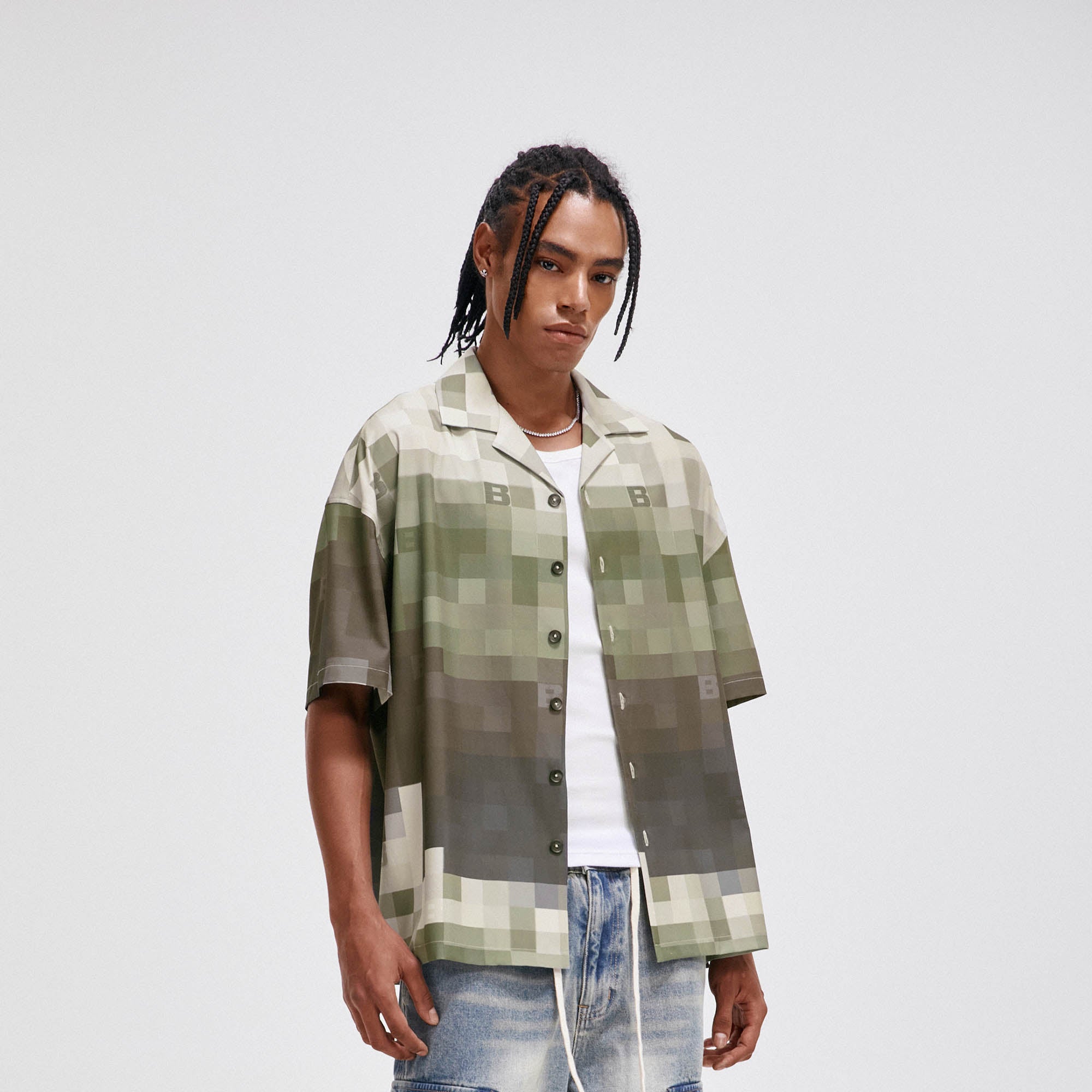 BONELESS Pixelated Camo Cuban Half Shirt