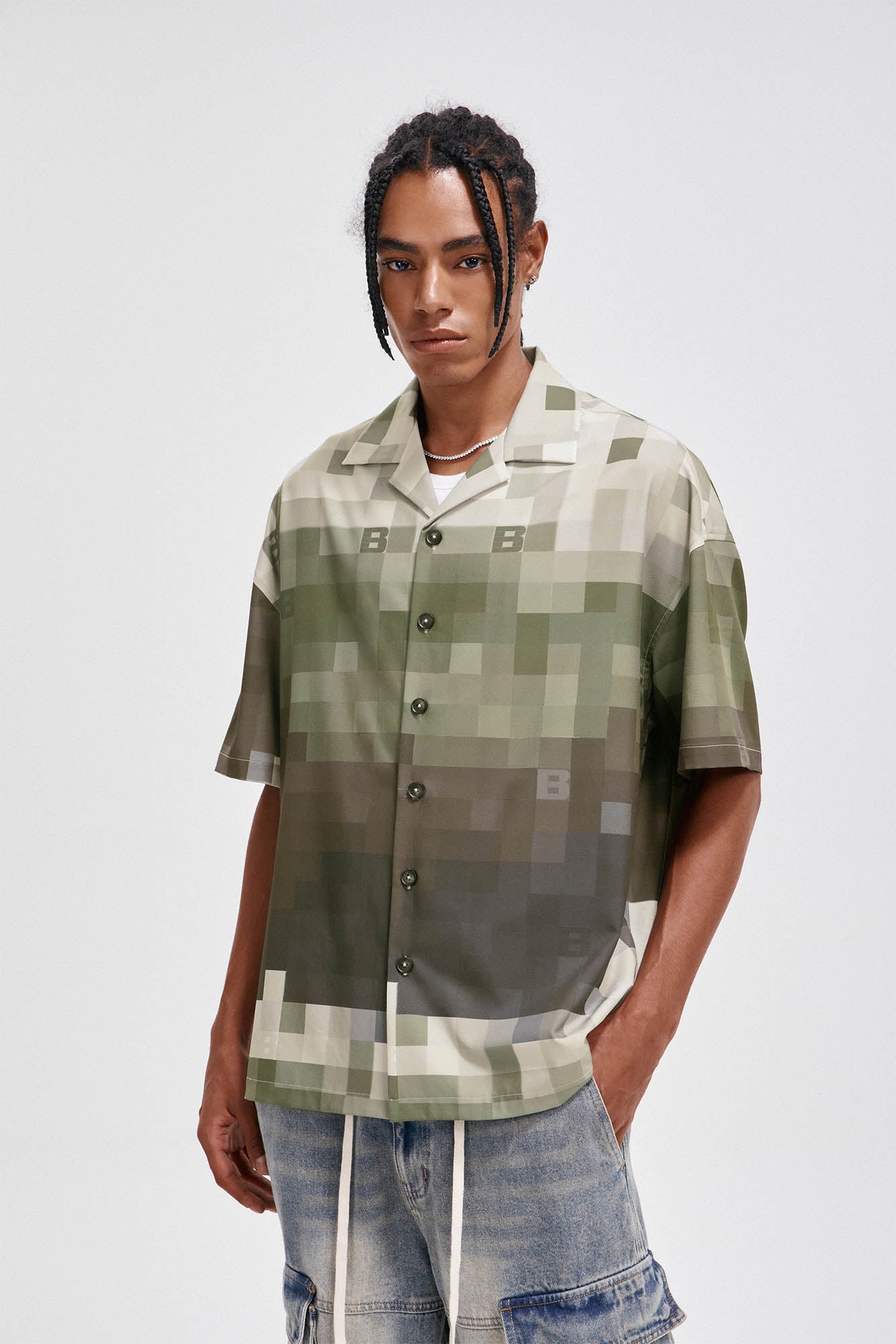 BONELESS Pixelated Camo Cuban Half Shirt, premium urban and streetwear designers apparel on PROJECTISR.com, BONELESS