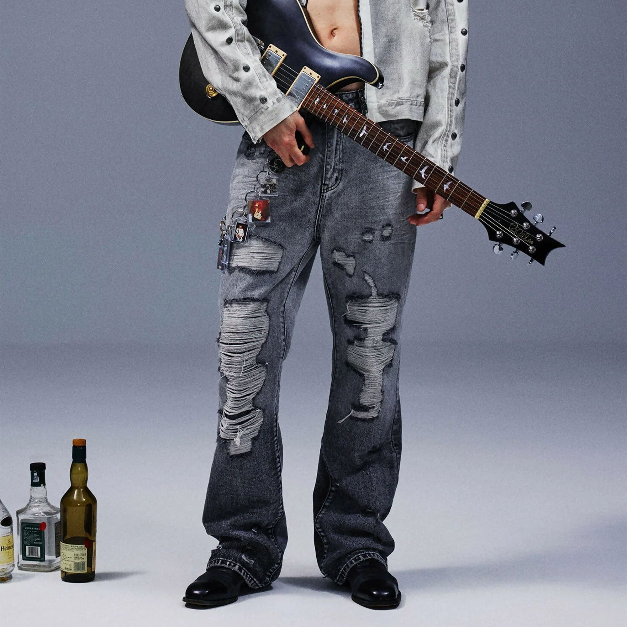 TECNINEGROUP Distressed Ash-Washed Flared Jeans, premium urban and streetwear designers apparel on PROJECTISR.com, TECNINEGROUP