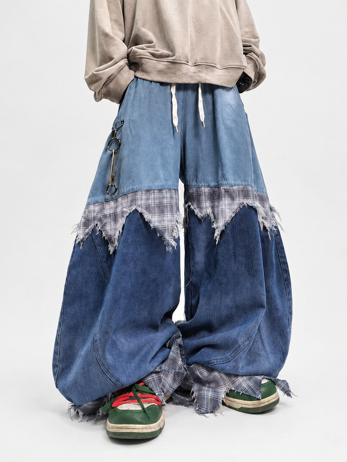 UUCSCC Spliced Distressed Plaid Wide-Leg Jeans