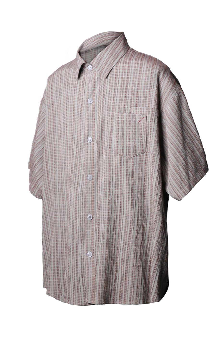 RELABEL Double-Pocket Wrinkle-Textured Striped Half Shirt