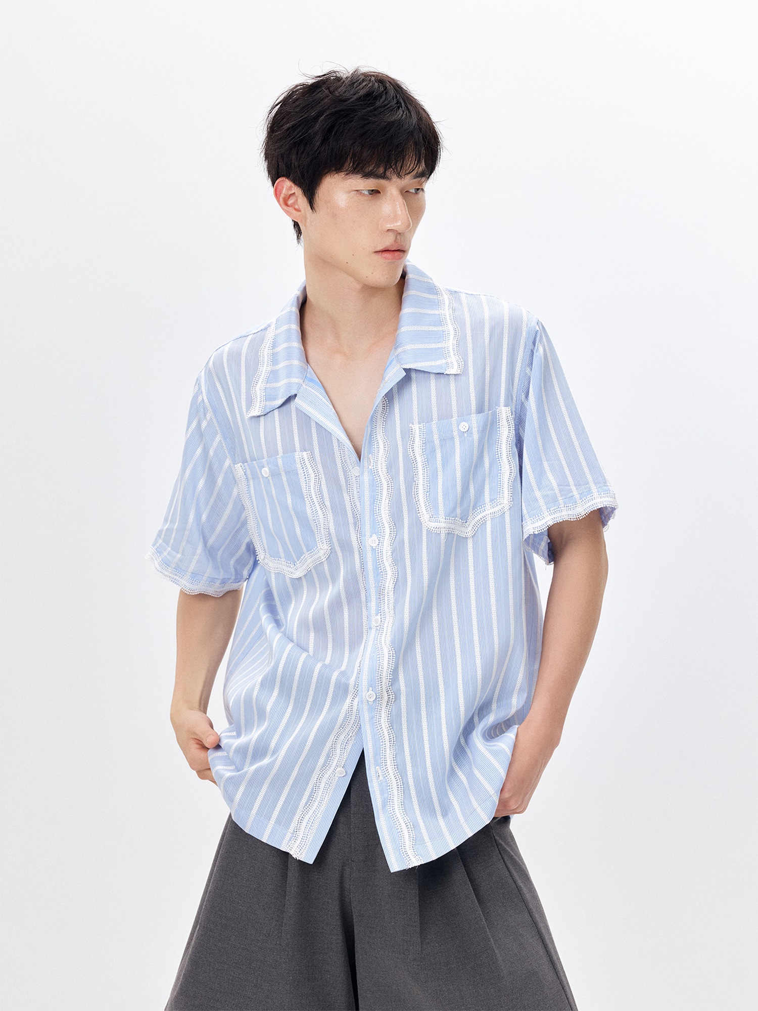 TUIMU Lace-Trim Striped Shirt