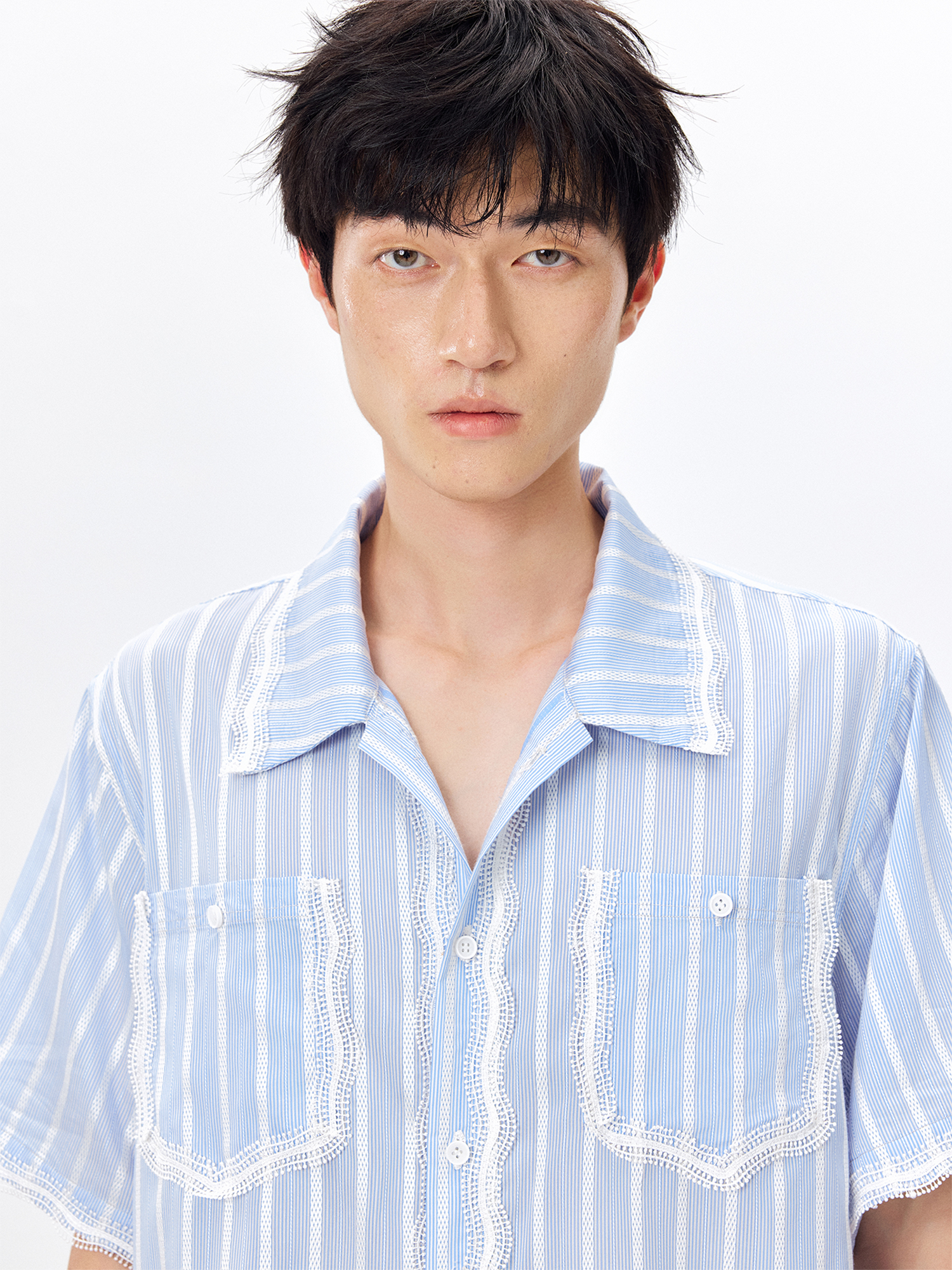 TUIMU Lace-Trim Striped Shirt