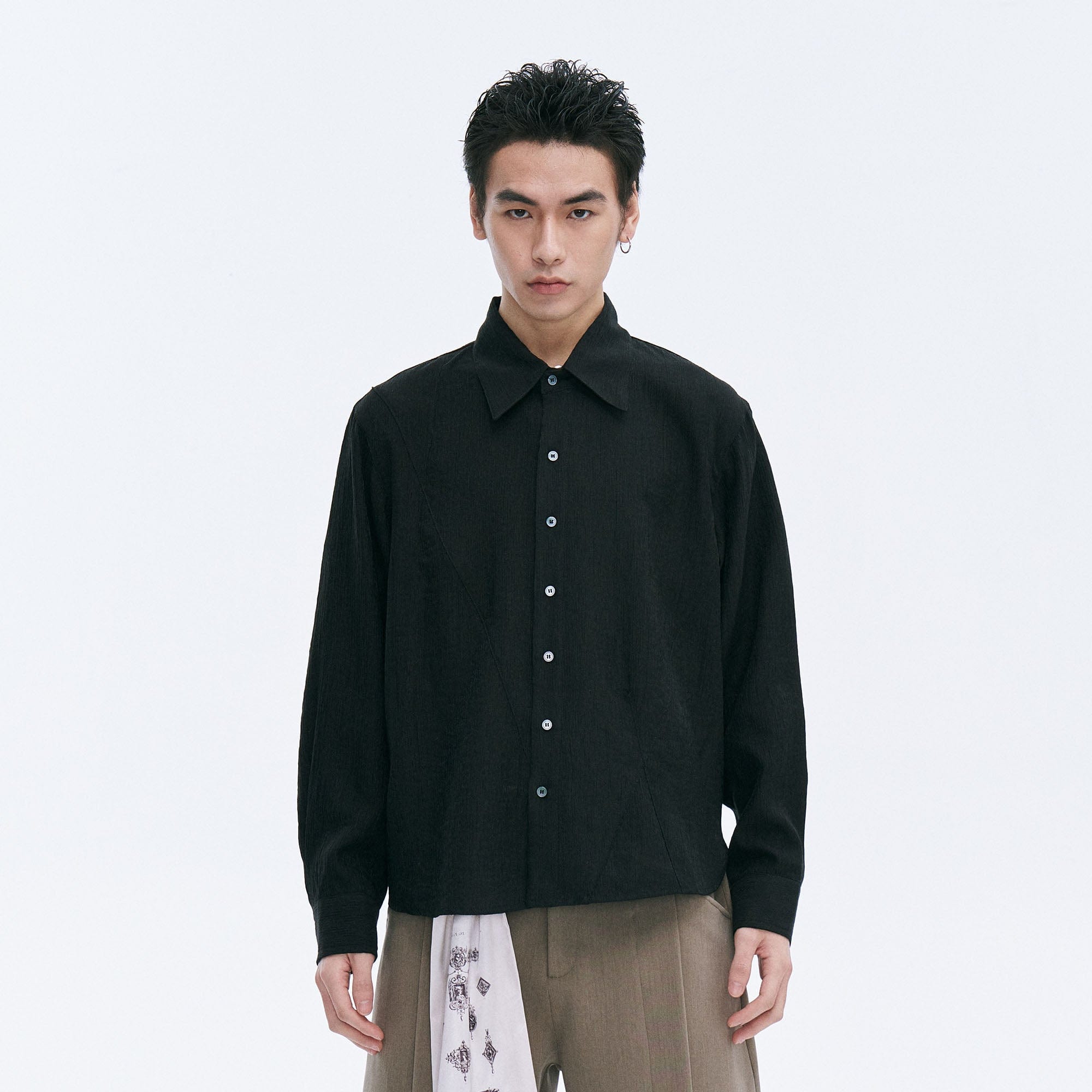 CATSSTAC Crinkled Asymmetrical Paneled Shirt, premium urban and streetwear designers apparel on PROJECTISR.com, CATSSTAC