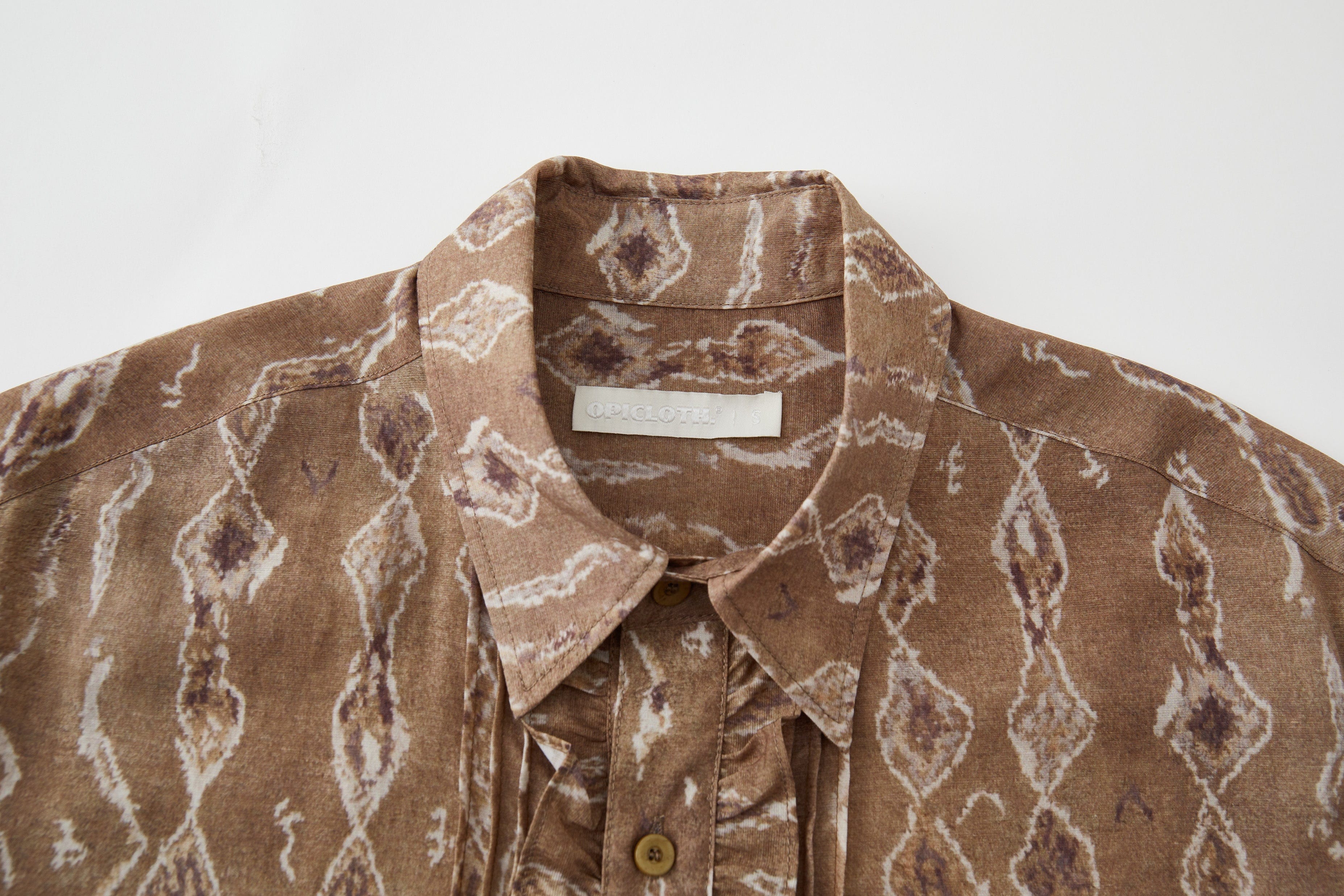OPICLOTH Retro Woodgrain Full-Print Ruffle Half Shirt, premium urban and streetwear designers apparel on PROJECTISR.com, OPICLOTH