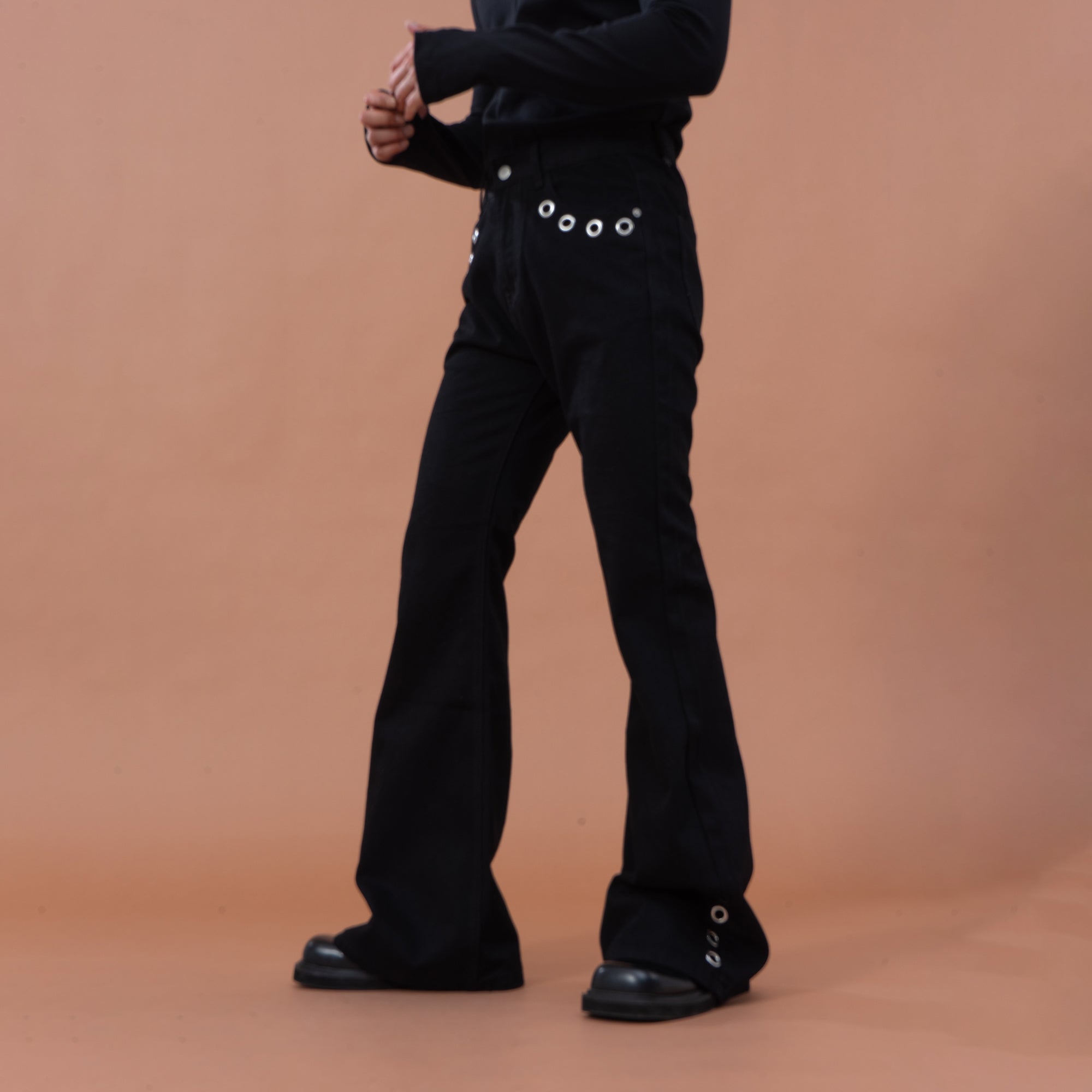 CLP Eyelet-Stud Stacked Hem Flared Jeans, premium urban and streetwear designers apparel on PROJECTISR.com, CLP