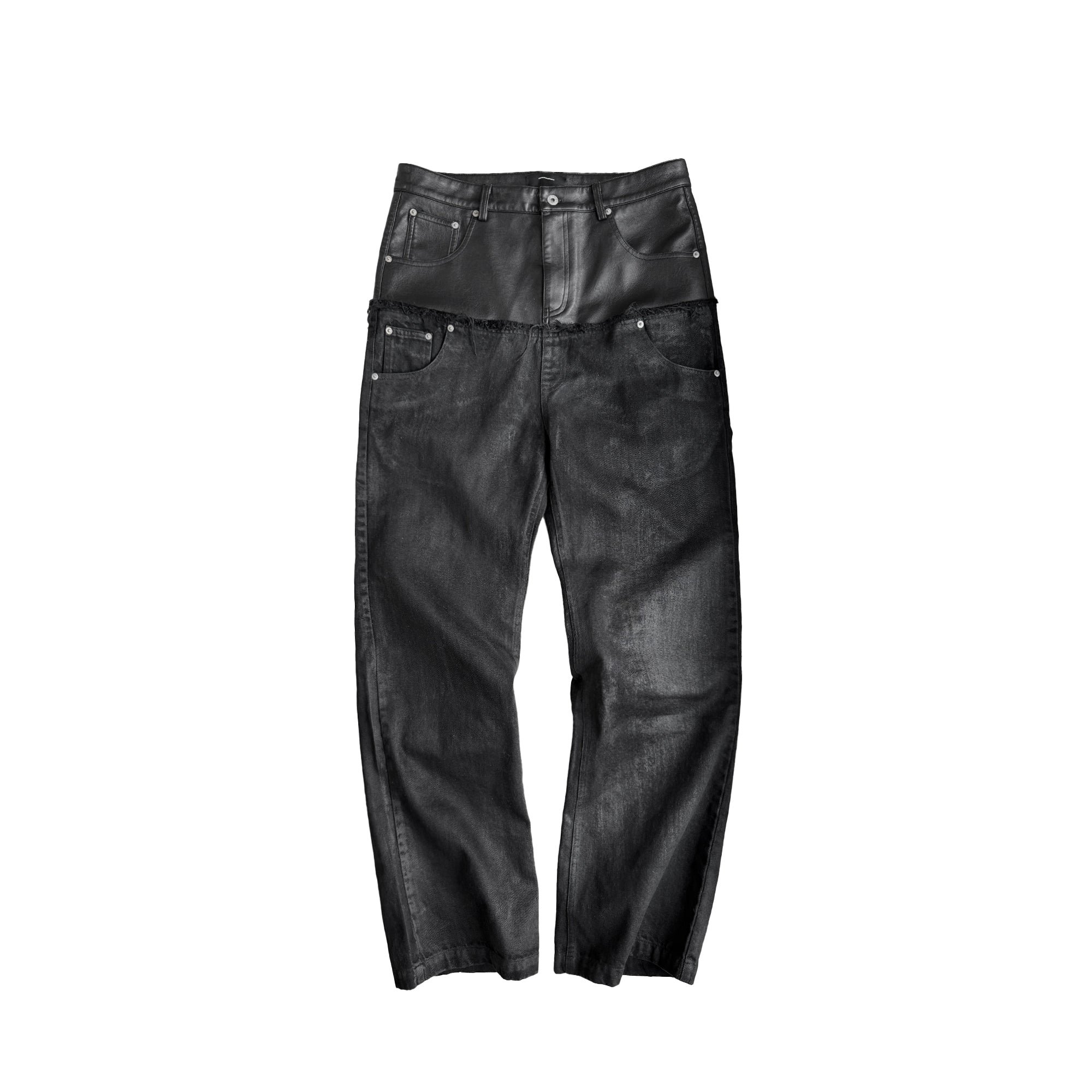 CINDER VEIN Washed Faux Leather-Spliced Double-Waistband Distressed Jeans