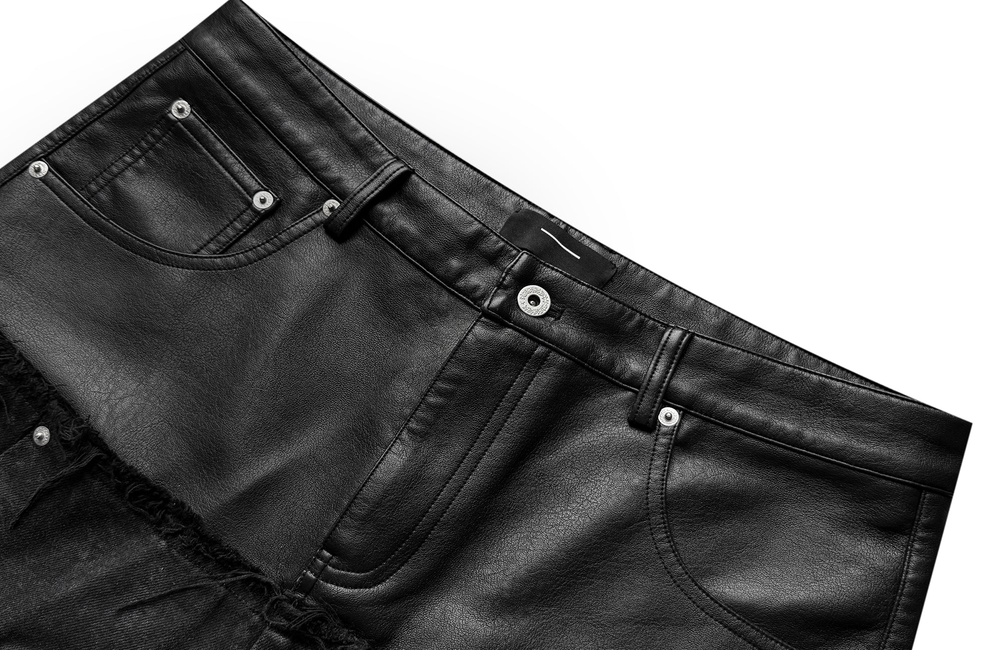 CINDER VEIN Washed Faux Leather-Spliced Double-Waistband Distressed Jeans
