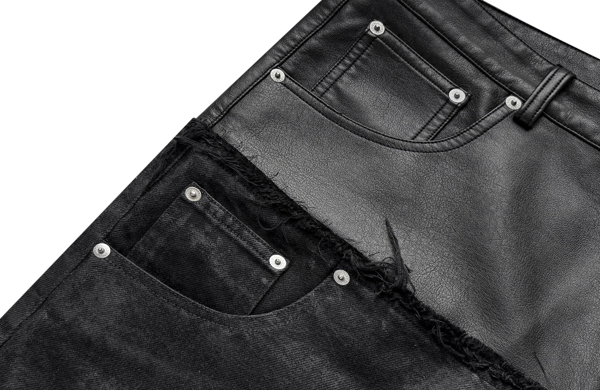 CINDER VEIN Washed Faux Leather-Spliced Double-Waistband Distressed Jeans