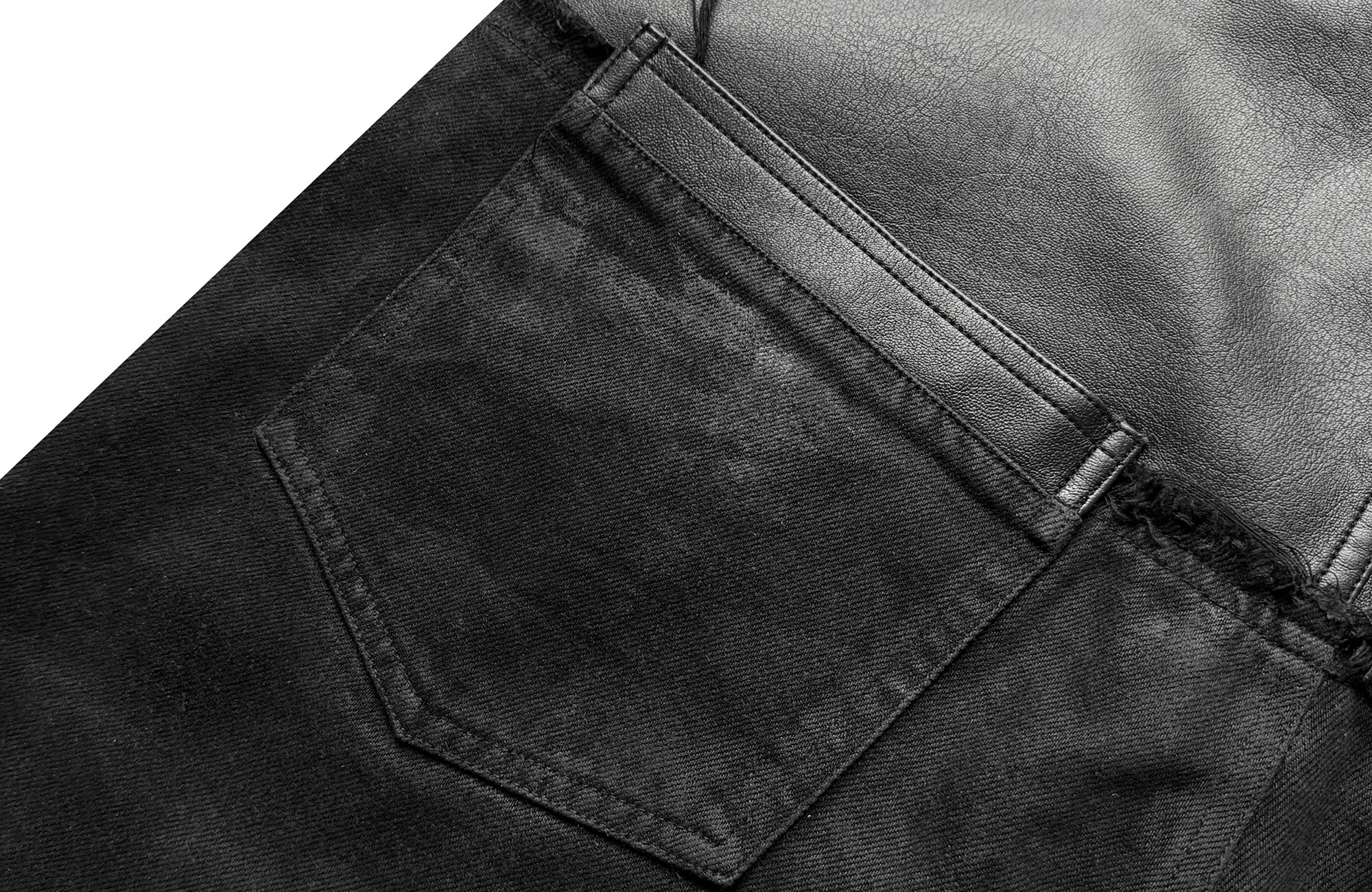 CINDER VEIN Washed Faux Leather-Spliced Double-Waistband Distressed Jeans