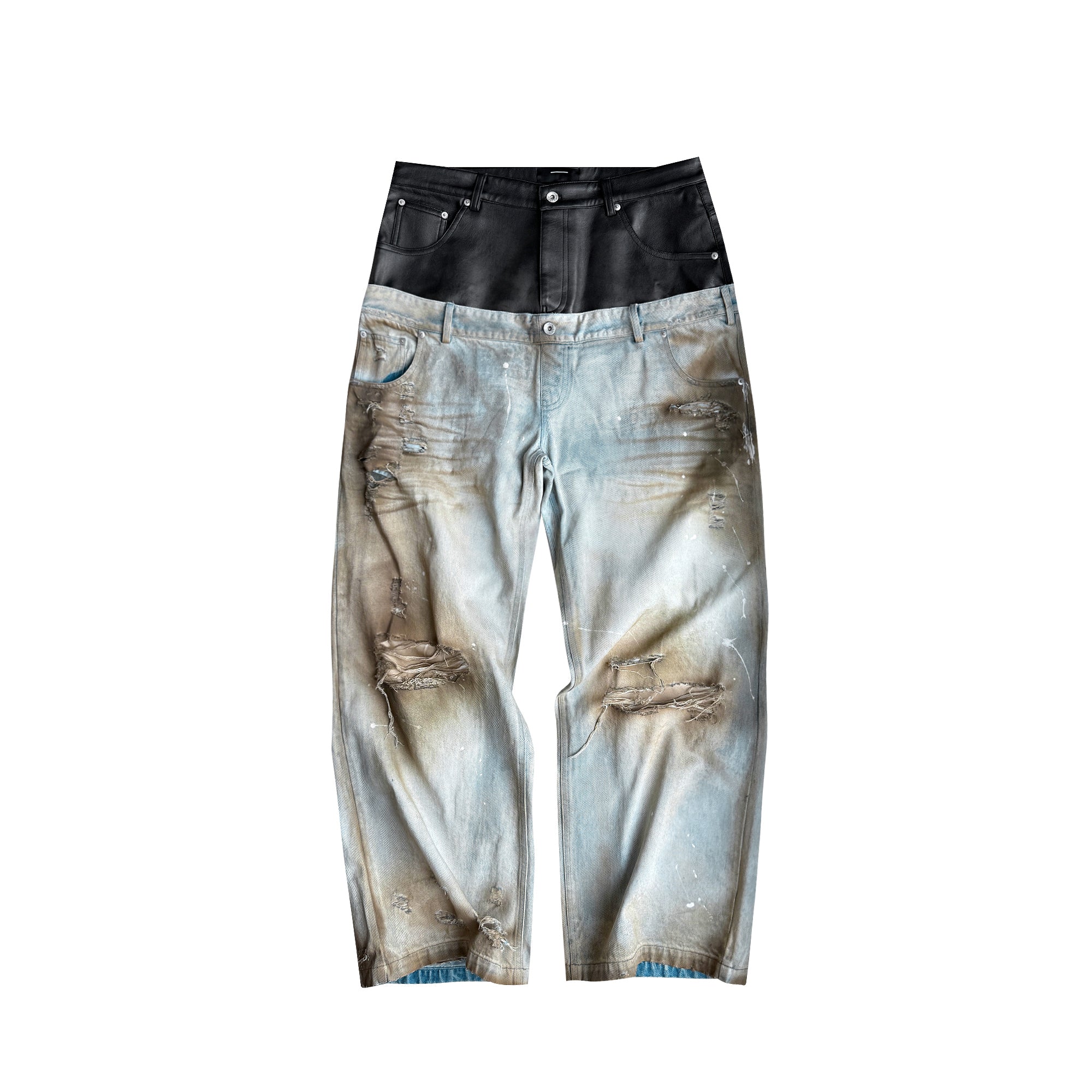 CINDER VEIN Distressed Washed Crinkled Spliced Faux Leather Waistband Jeans