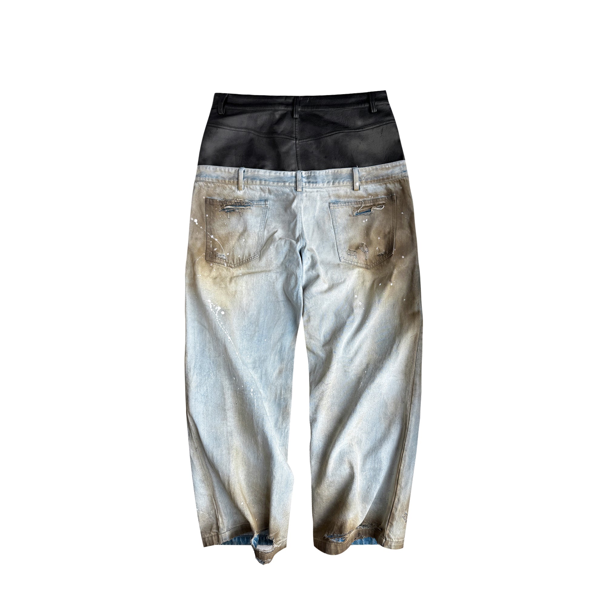 CINDER VEIN Distressed Washed Crinkled Spliced Faux Leather Waistband Jeans