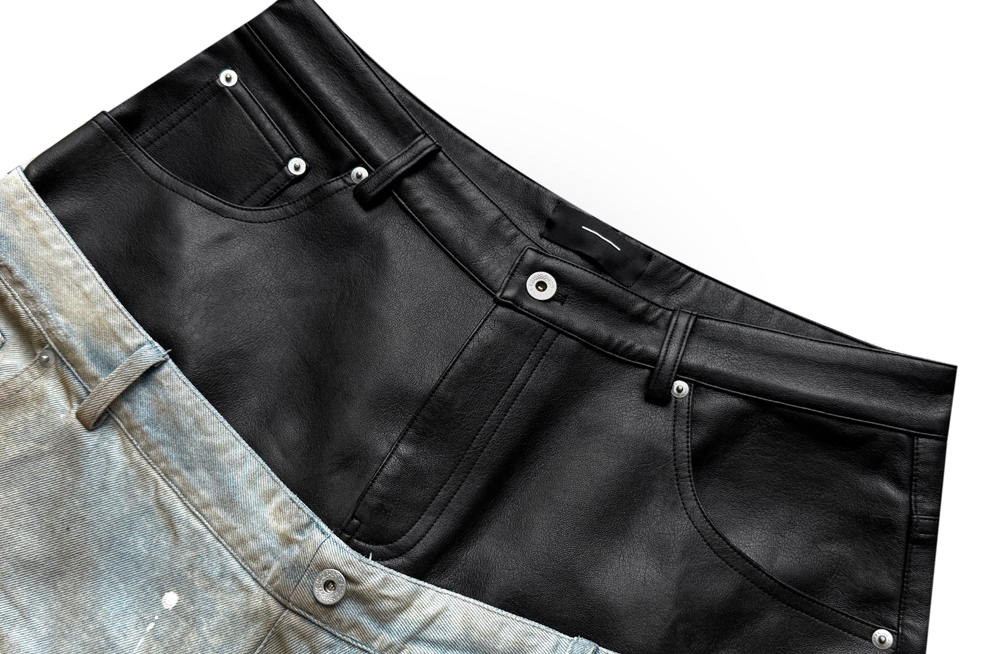 CINDER VEIN Distressed Washed Crinkled Spliced Faux Leather Waistband Jeans