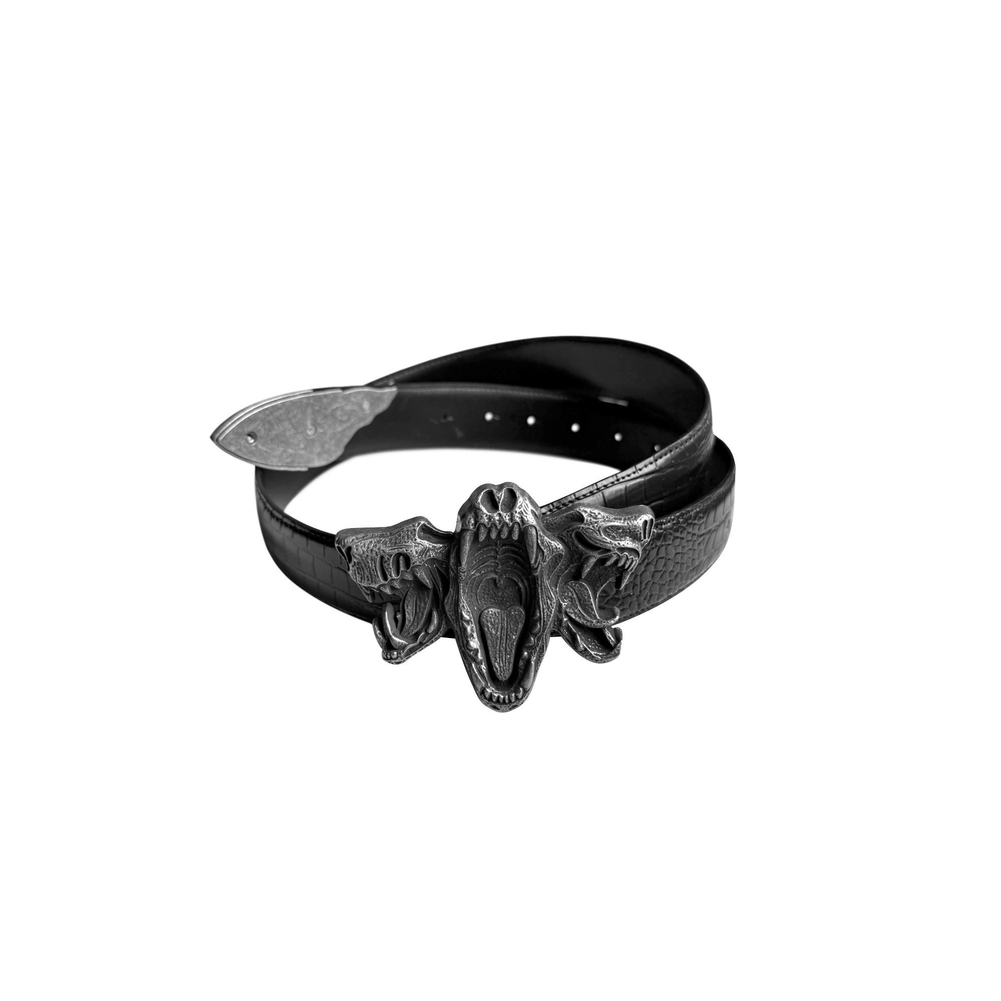 CINDER VEIN Three-Beast Skull Zinc Alloy Crocodile-Embossed Leather Belt