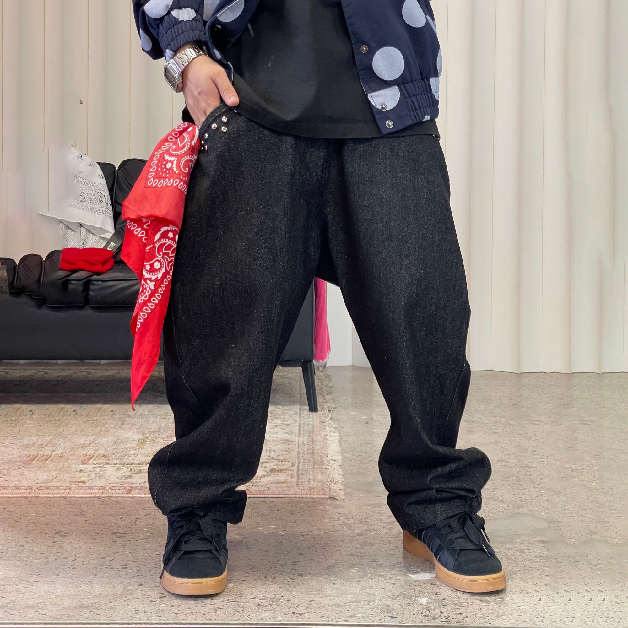 ME DA IGUAL Studded Wide-Leg Denim Pants, premium urban and streetwear designers apparel on PROJECTISR.com, ME DA IGUAL