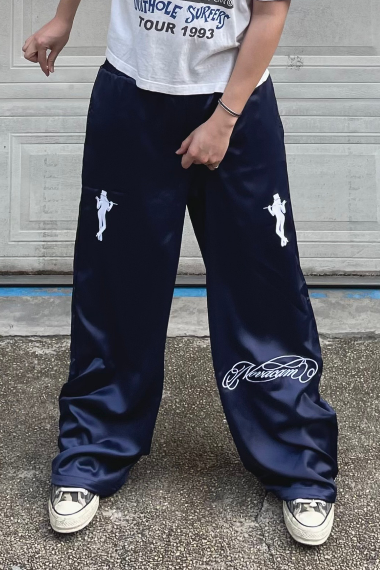 NOVACAM Satin Draped Embroidered Graphic Pants