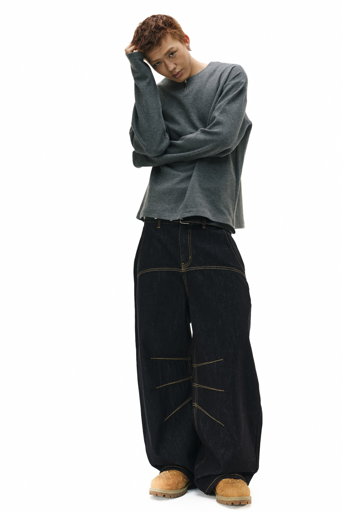NOVACAM Raw Slub Denim Curved Wide-Leg Jeans