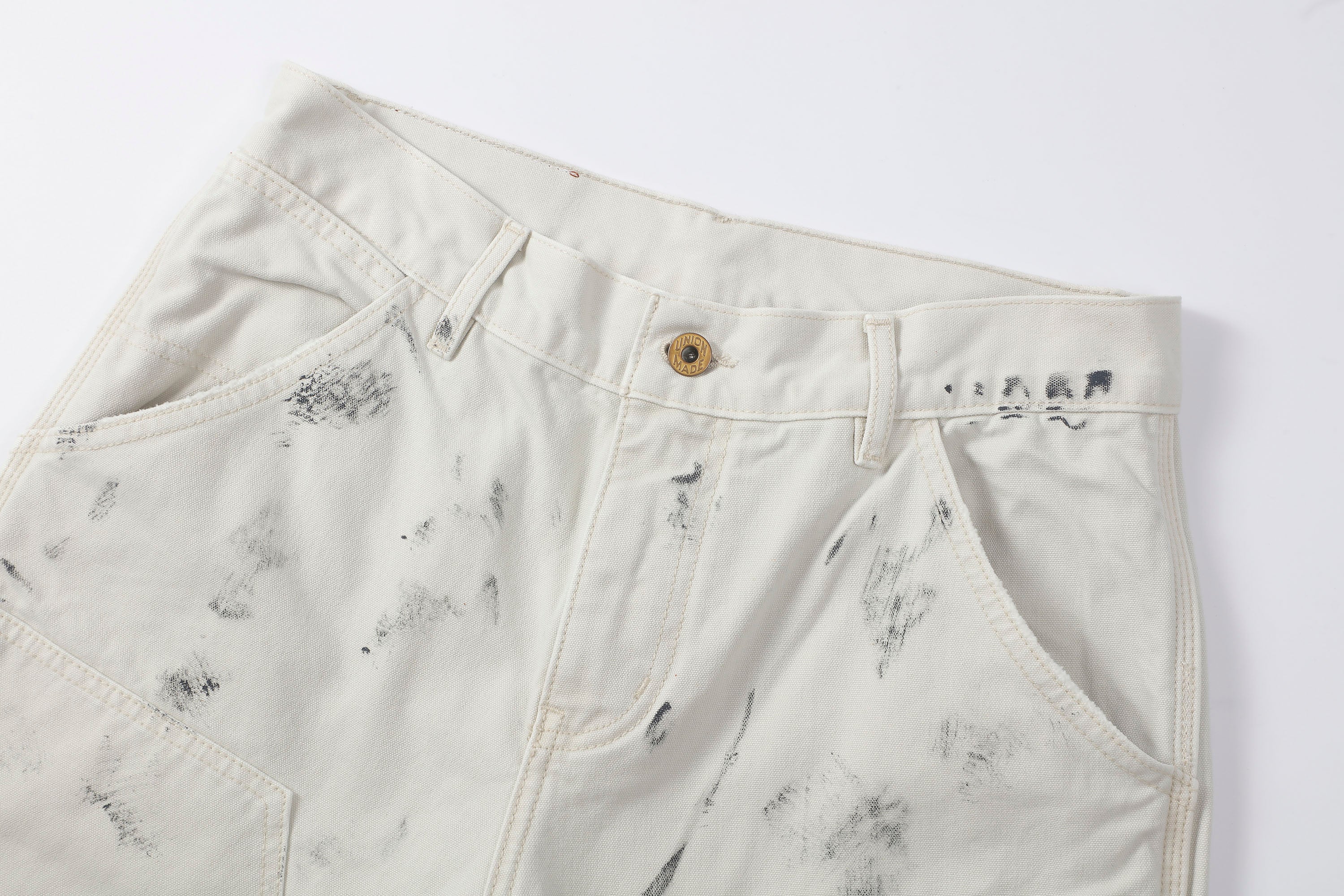MAKEMORE Distressed Paint-Splattered Double-Knee Jeans White