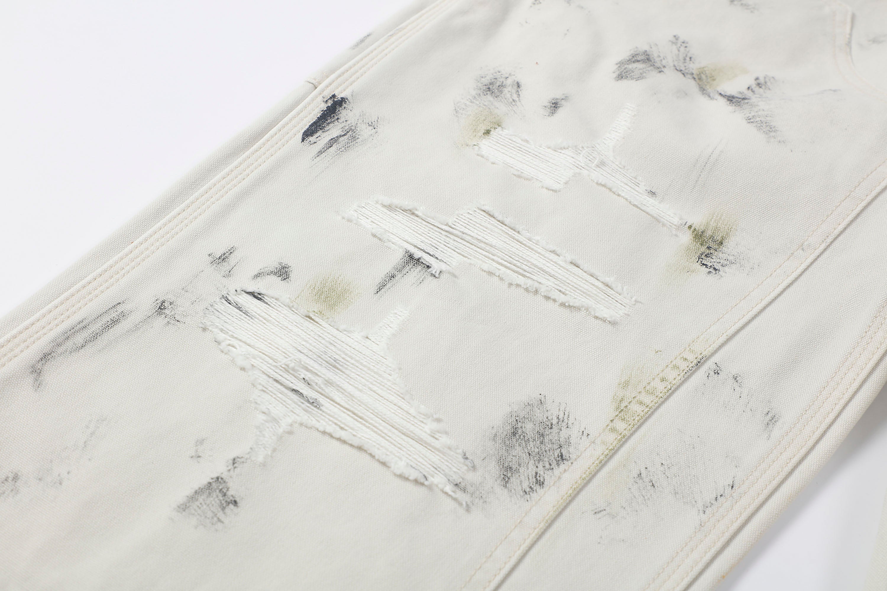 MAKEMORE Distressed Paint-Splattered Double-Knee Jeans White
