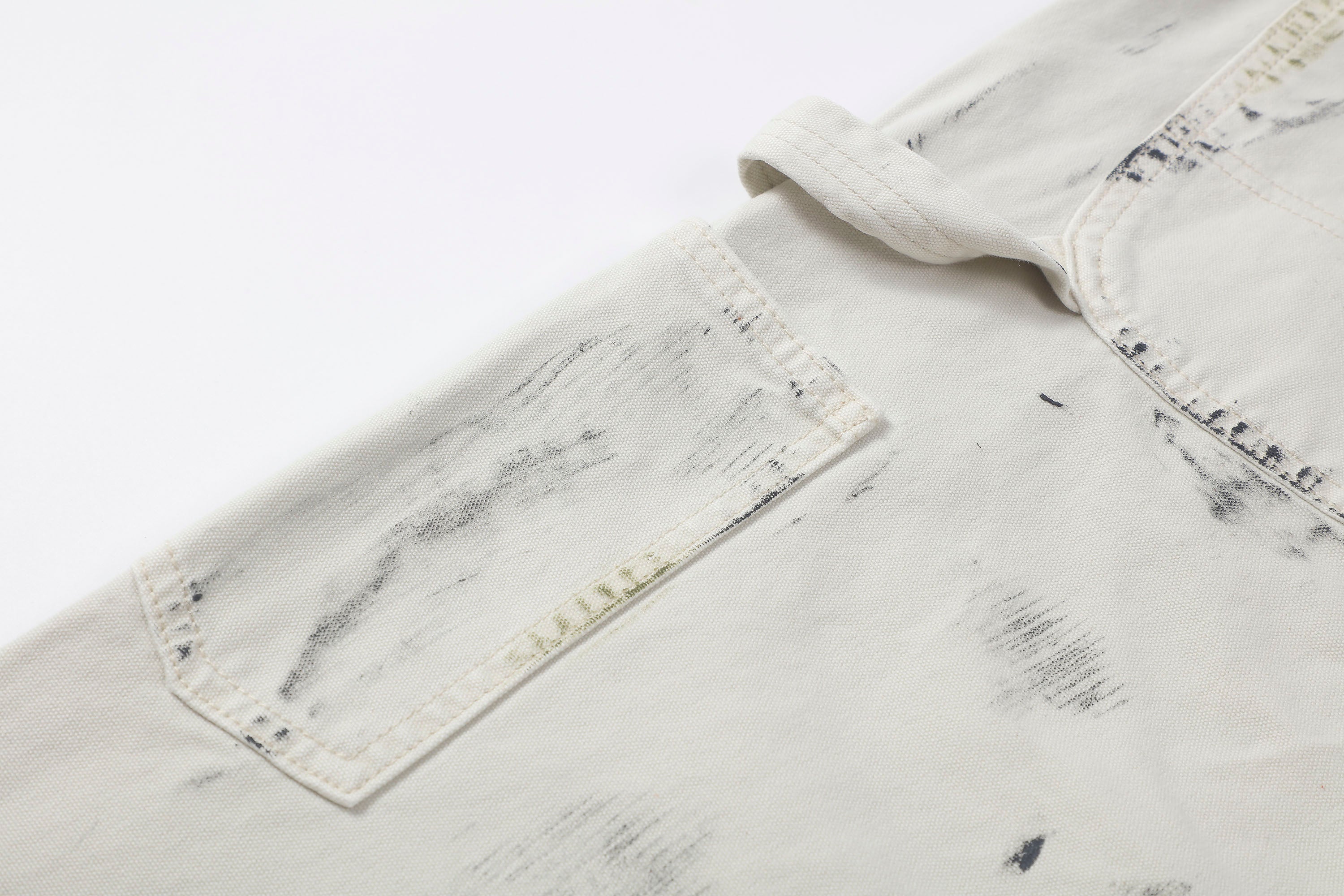 MAKEMORE Distressed Paint-Splattered Double-Knee Jeans White