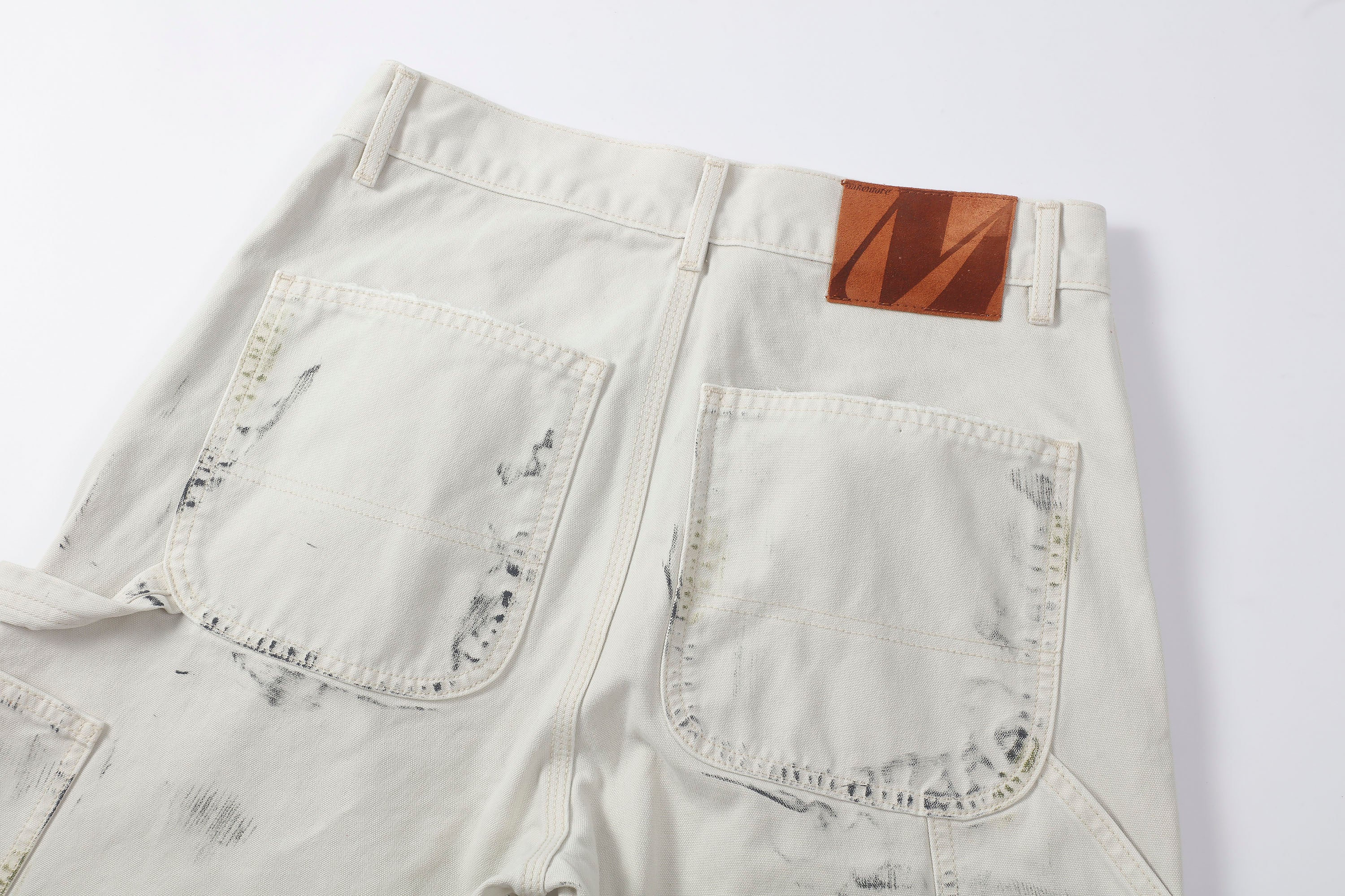 MAKEMORE Distressed Paint-Splattered Double-Knee Jeans White