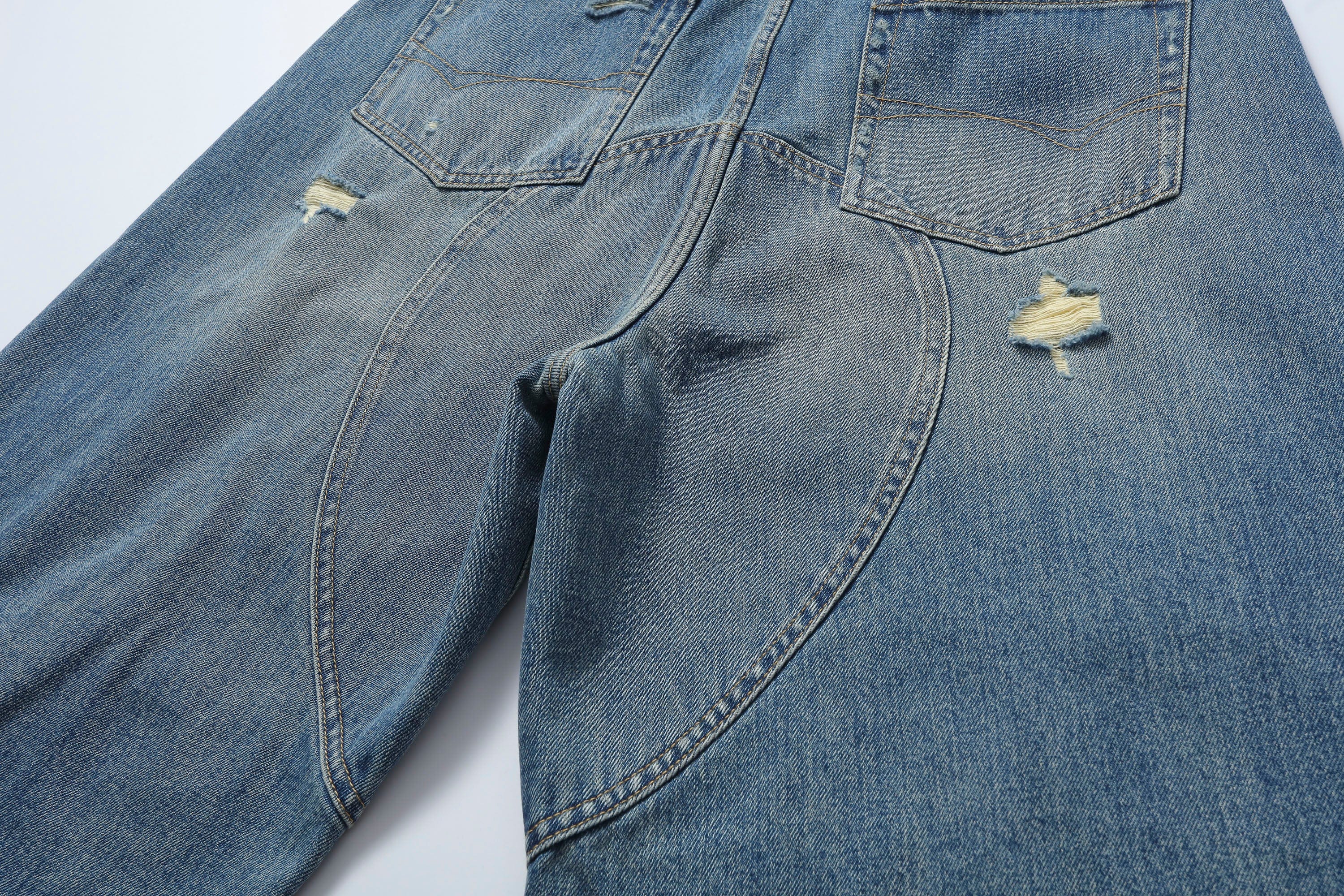 MAKEMORE Distressed Arc Spliced Ripped Denim Shorts, premium urban and streetwear designers apparel on PROJECTISR.com, MAKEMORE