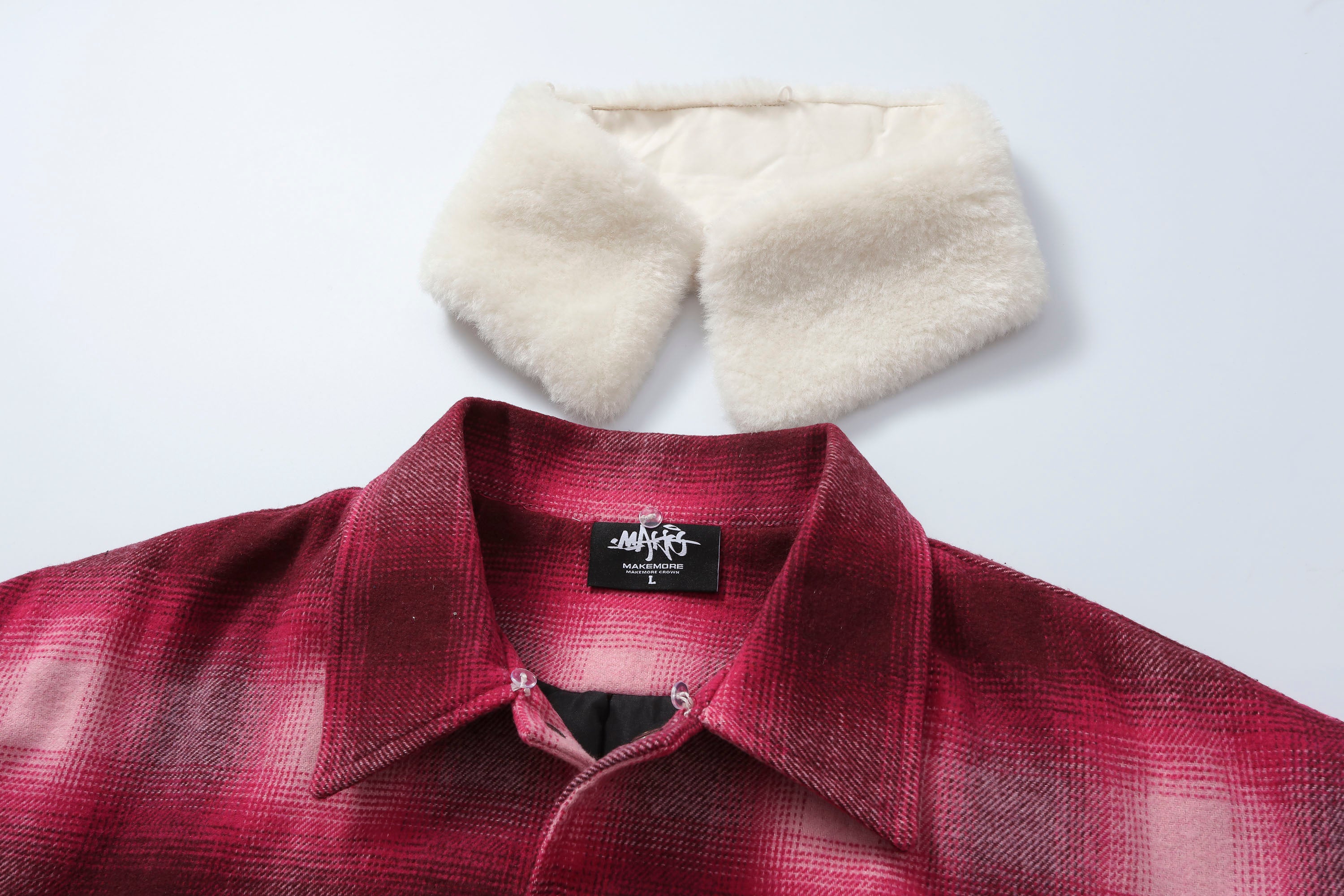 MAKEMORE Detachable Faux Fur Collar Plaid Jacket