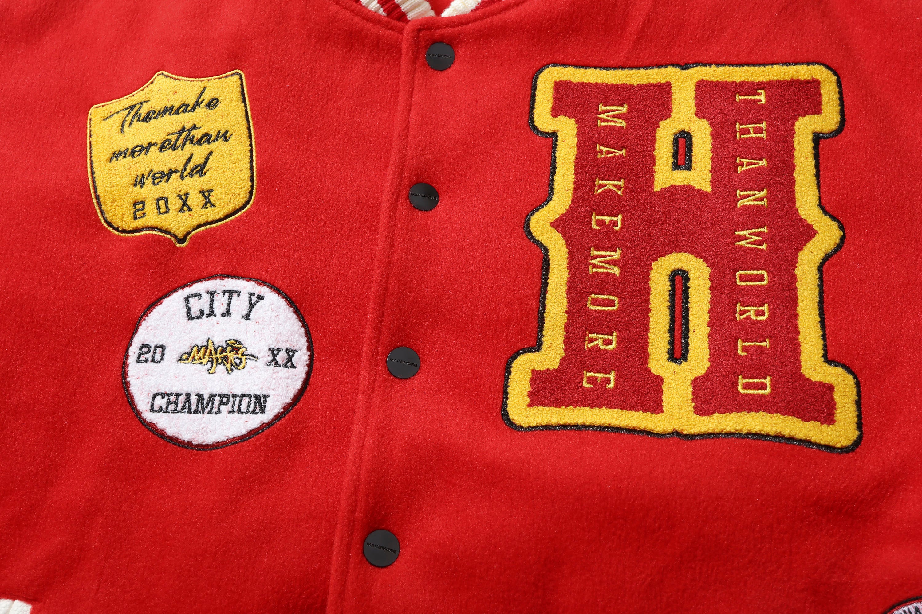 MAKEMORE Boxing Patch PU Sleeve Varsity Jacket