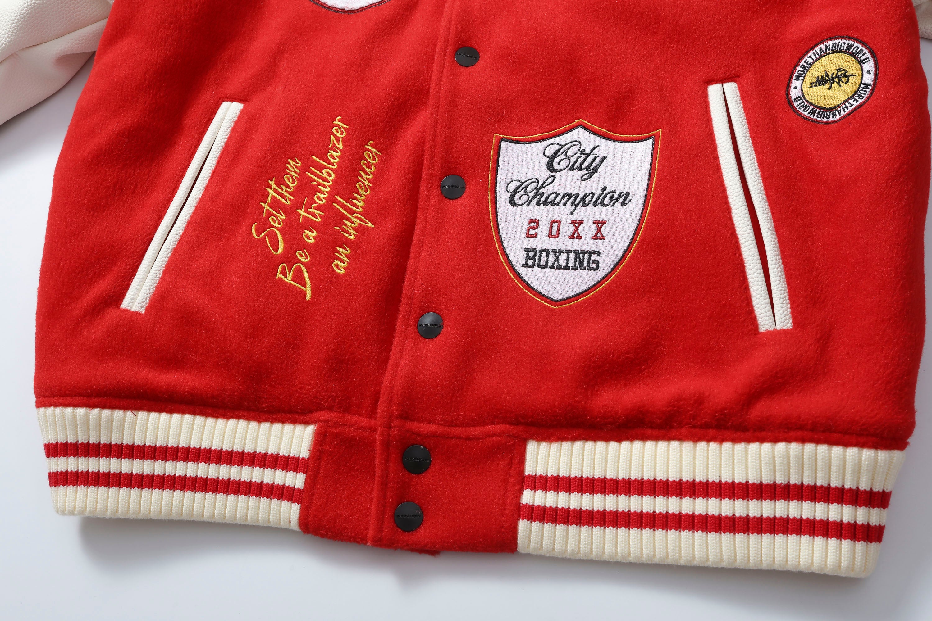 MAKEMORE Boxing Patch PU Sleeve Varsity Jacket