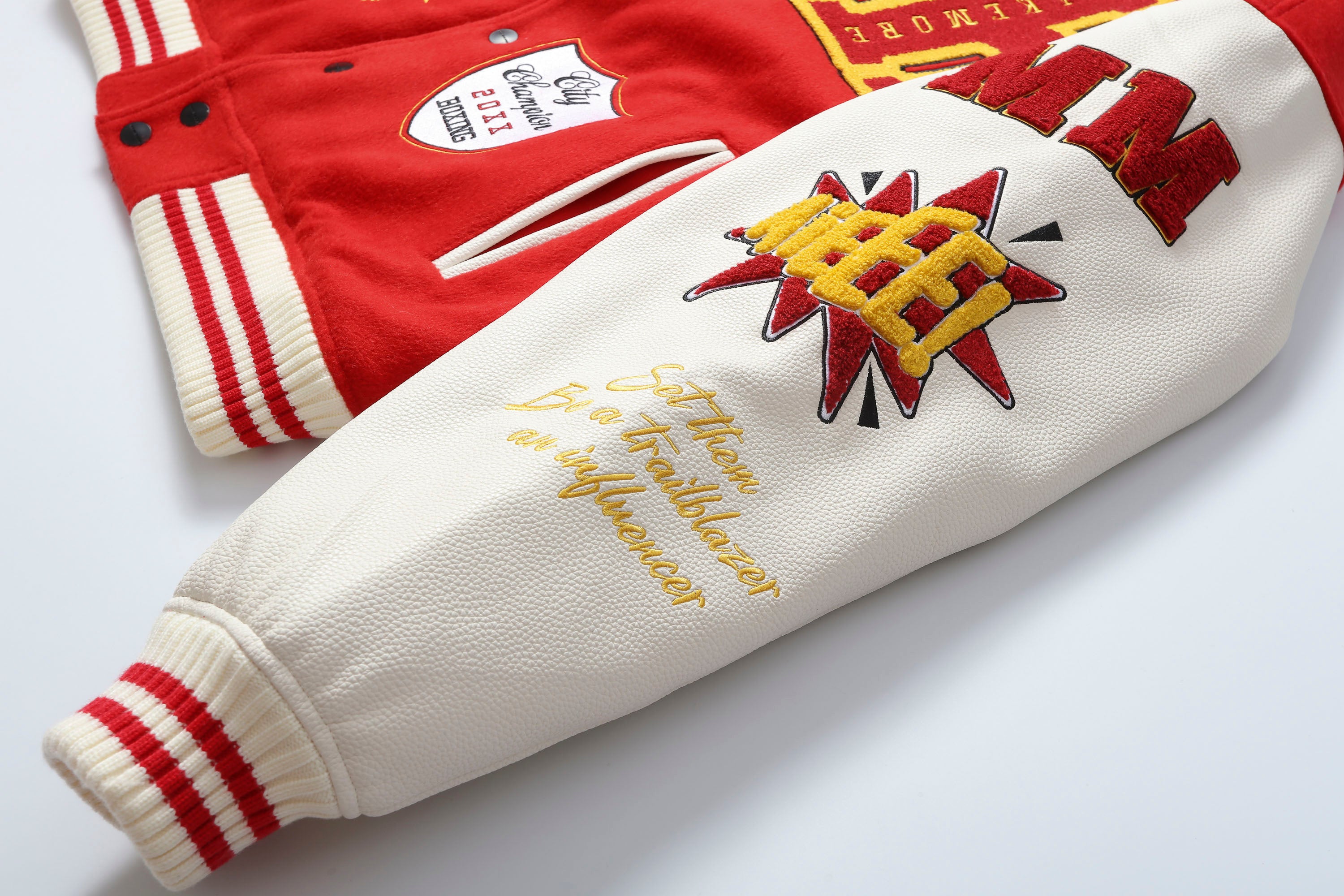 MAKEMORE Boxing Patch PU Sleeve Varsity Jacket