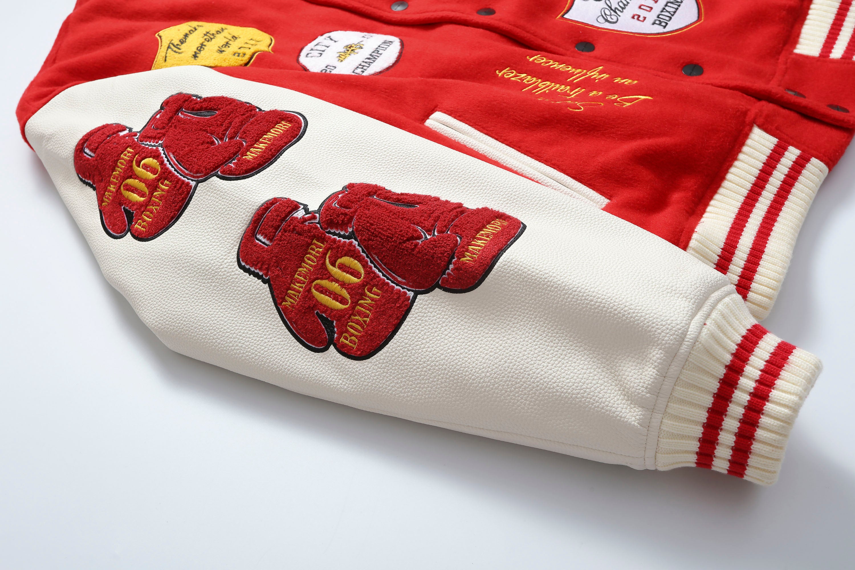 MAKEMORE Boxing Patch PU Sleeve Varsity Jacket
