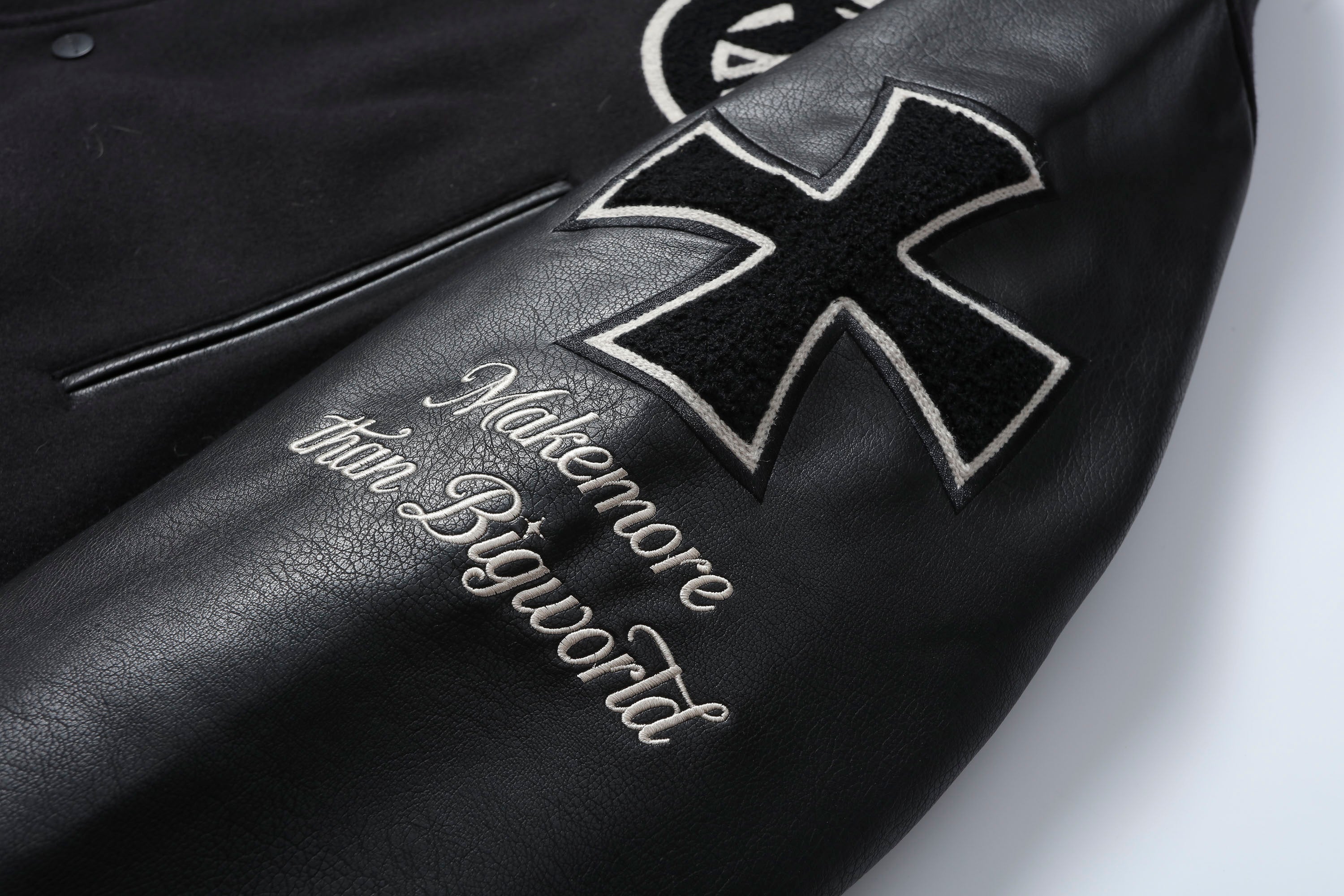 MAKEMORE Gothic Patch PU Sleeve Padded Varsity Jacket