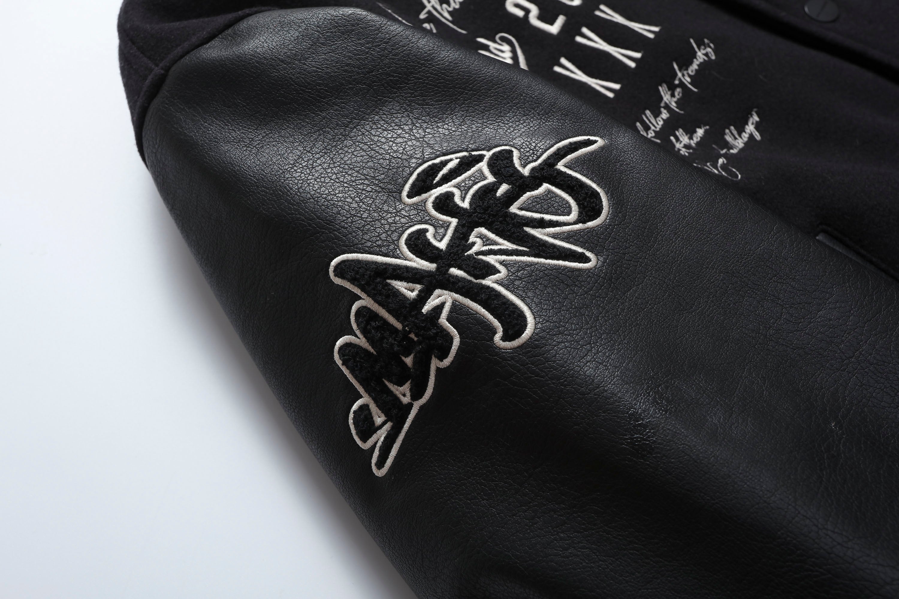 MAKEMORE Gothic Patch PU Sleeve Padded Varsity Jacket