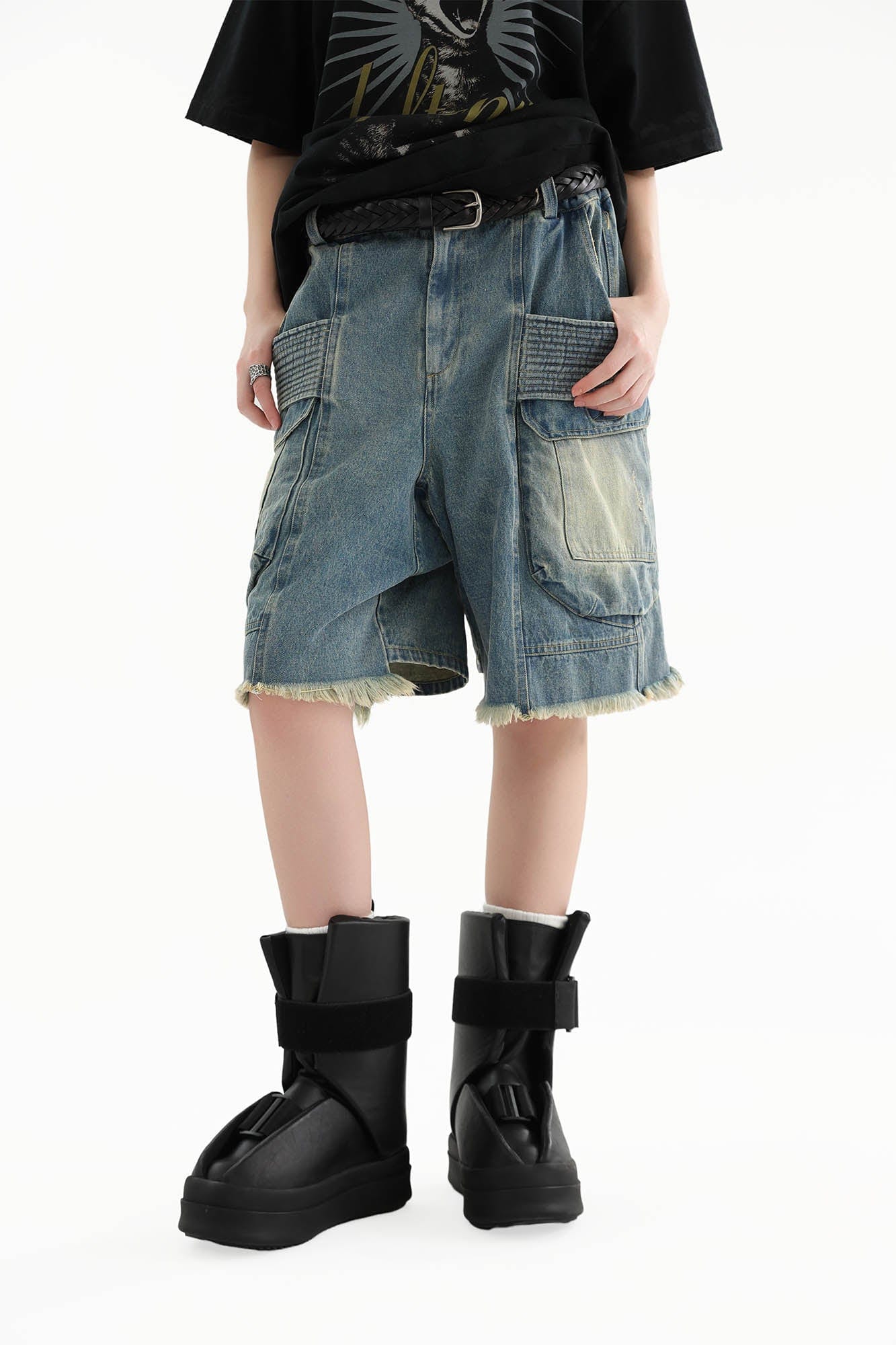 ERROR CODE ROBOT Washed Fringe Multi-Pocket Denim Shorts, premium urban and streetwear designers apparel on PROJECTISR.com, ERROR CODE ROBOT