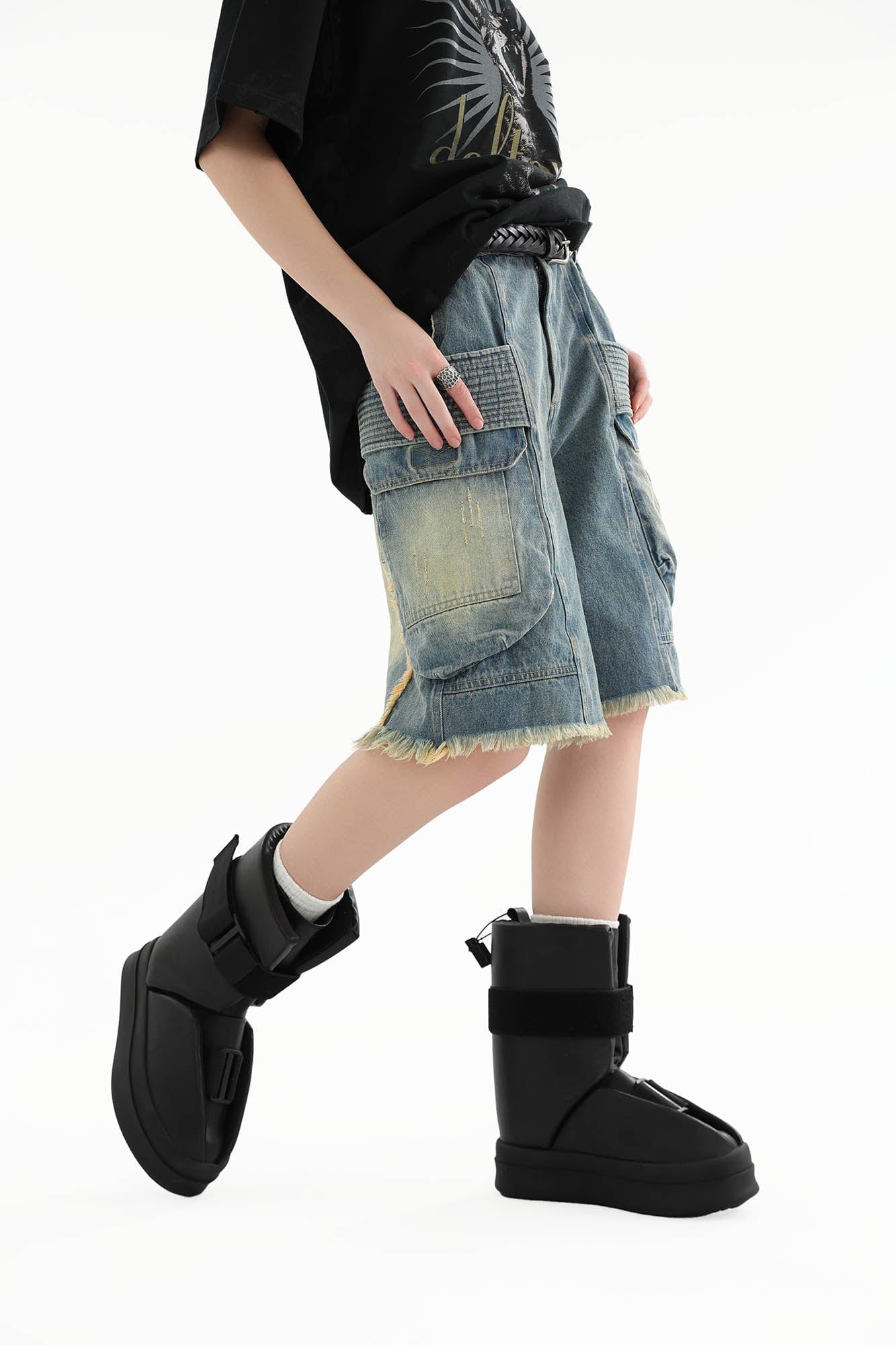 ERROR CODE ROBOT Washed Fringe Multi-Pocket Denim Shorts, premium urban and streetwear designers apparel on PROJECTISR.com, ERROR CODE ROBOT