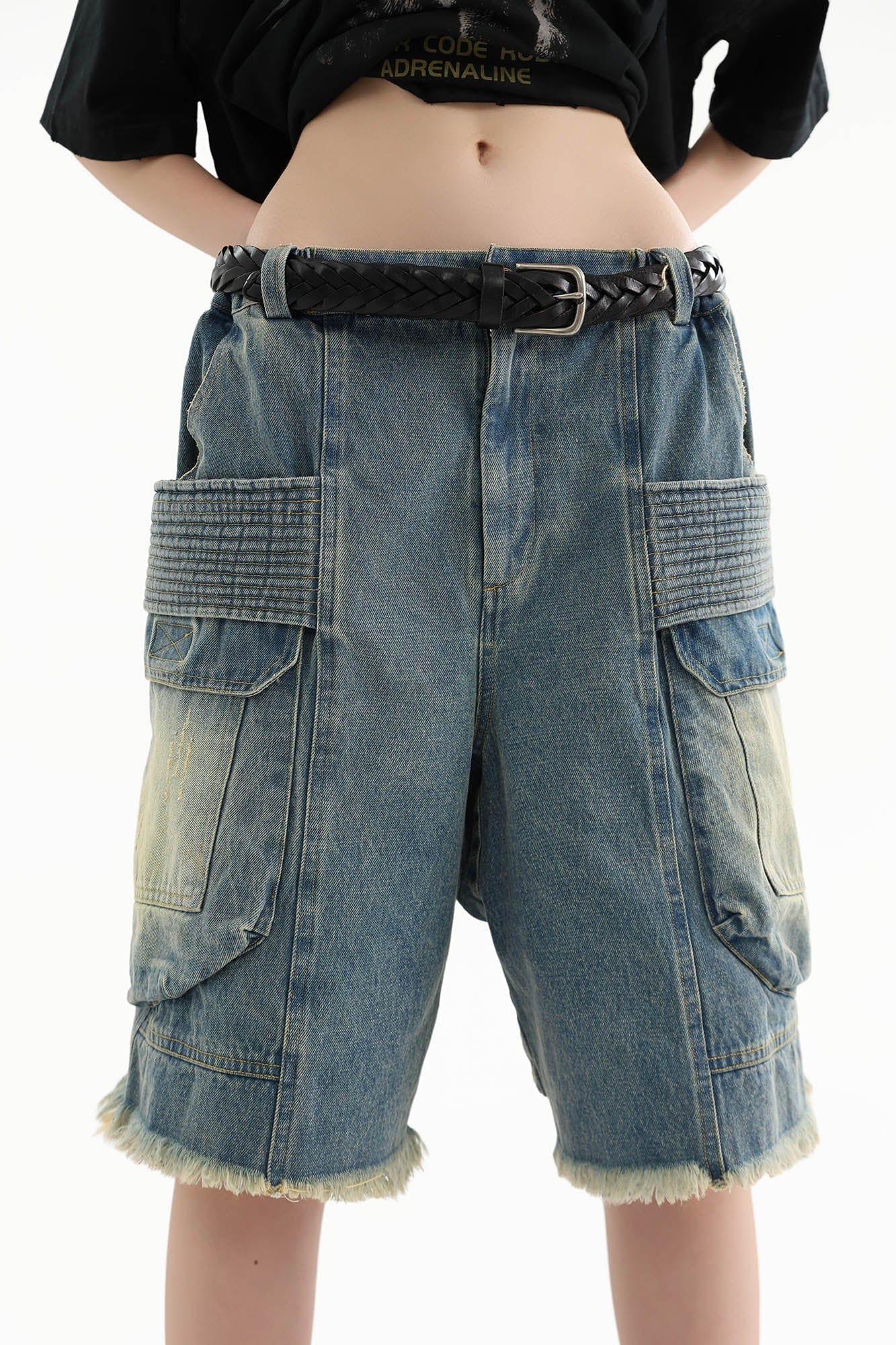 ERROR CODE ROBOT Washed Fringe Multi-Pocket Denim Shorts, premium urban and streetwear designers apparel on PROJECTISR.com, ERROR CODE ROBOT