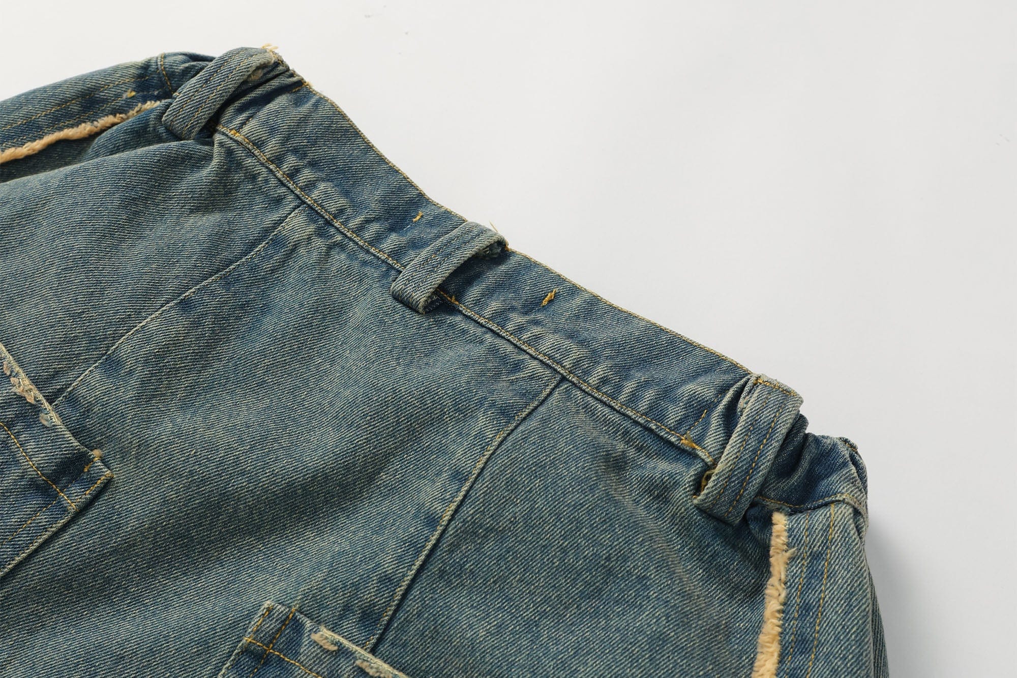 ERROR CODE ROBOT Washed Fringe Multi-Pocket Denim Shorts, premium urban and streetwear designers apparel on PROJECTISR.com, ERROR CODE ROBOT