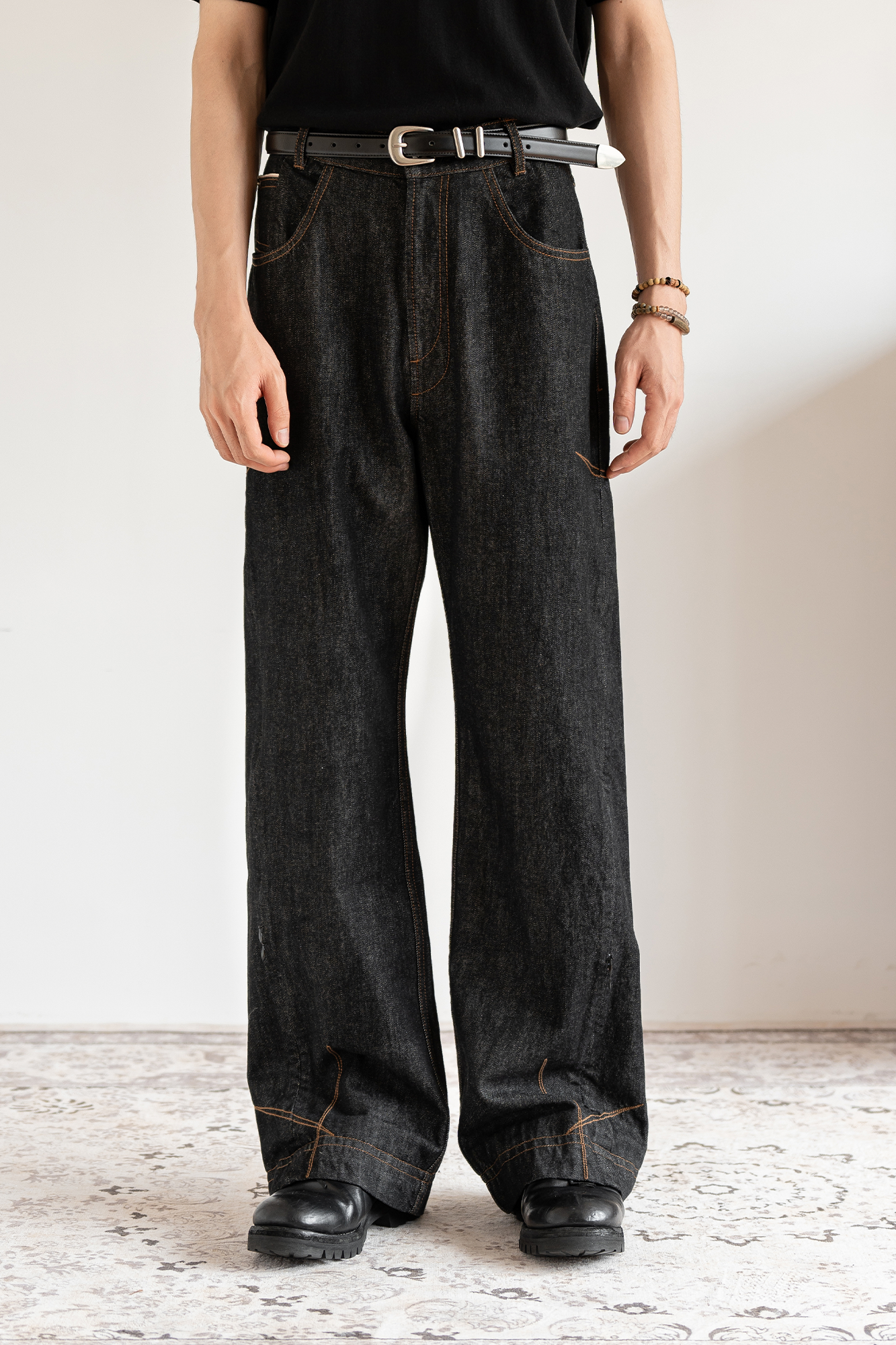 MOITIEDEPETALE Plaid-Inset Wide-Leg Selvedge Jeans
