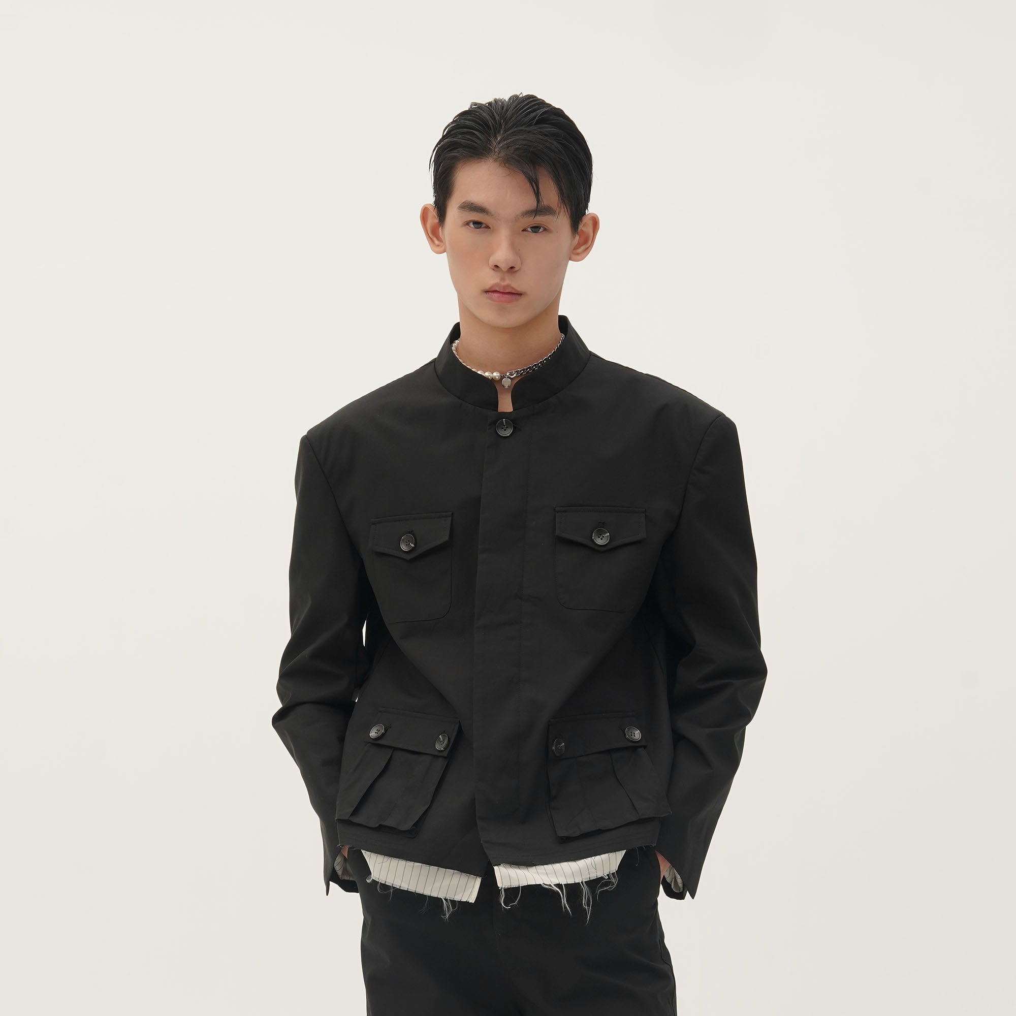 ORAL UTOPIA Faux Layered Hem Mandarin Collar Jacket