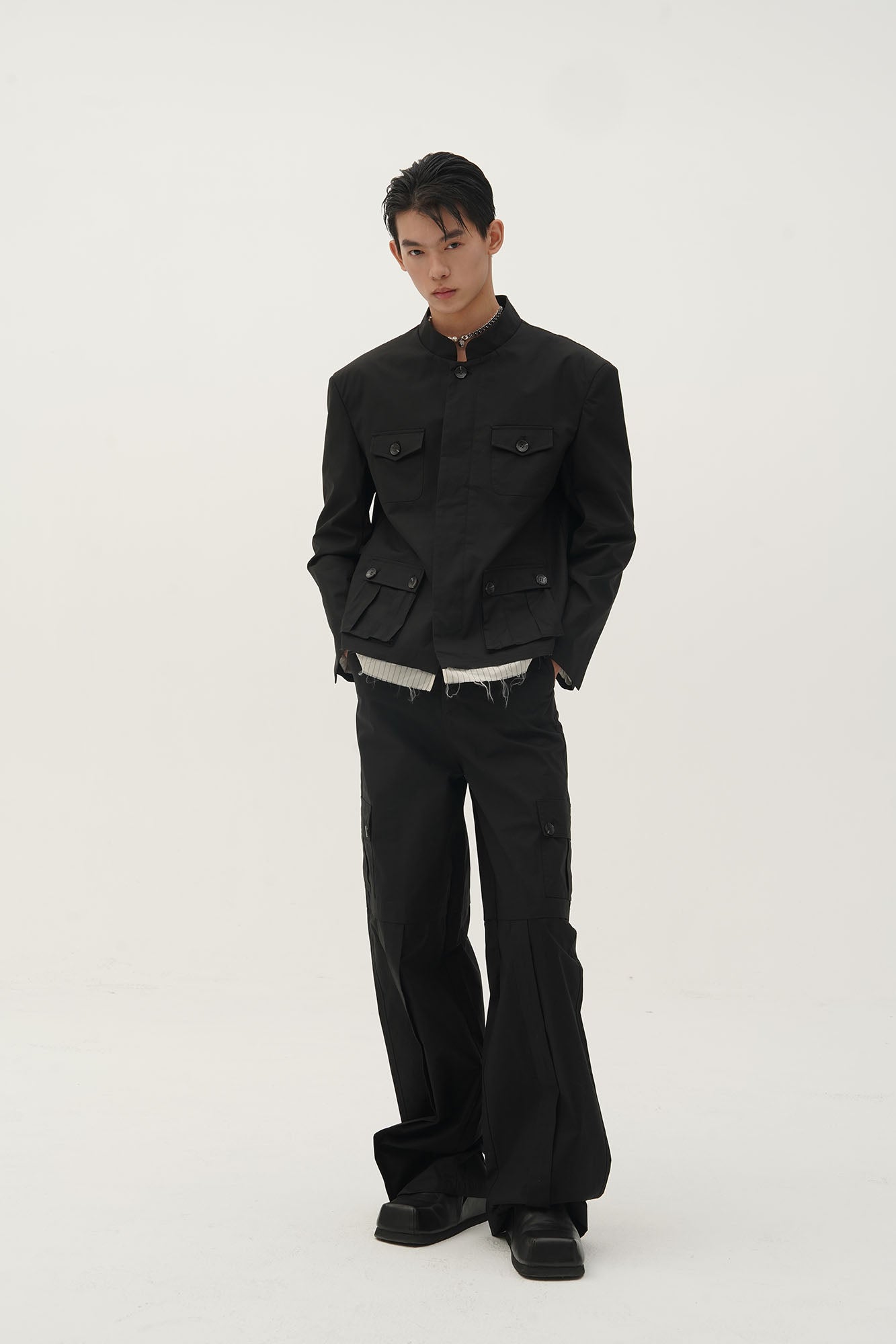 ORAL UTOPIA Faux Layered Hem Mandarin Collar Jacket