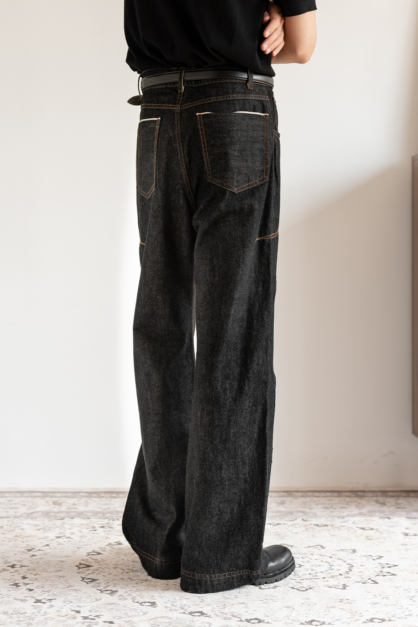 MOITIEDEPETALE Plaid-Inset Wide-Leg Selvedge Jeans