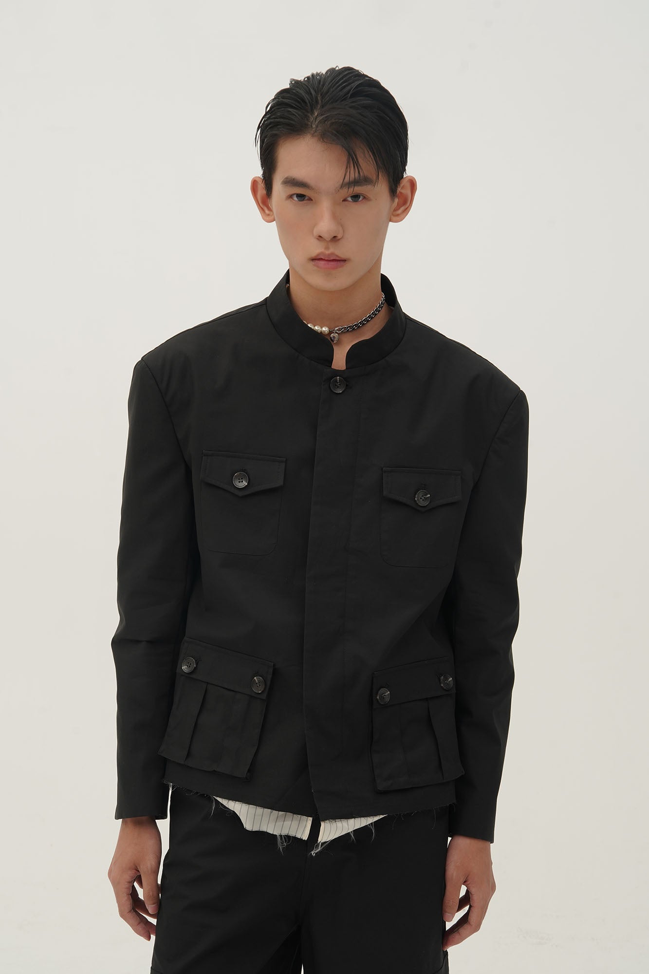 ORAL UTOPIA Faux Layered Hem Mandarin Collar Jacket